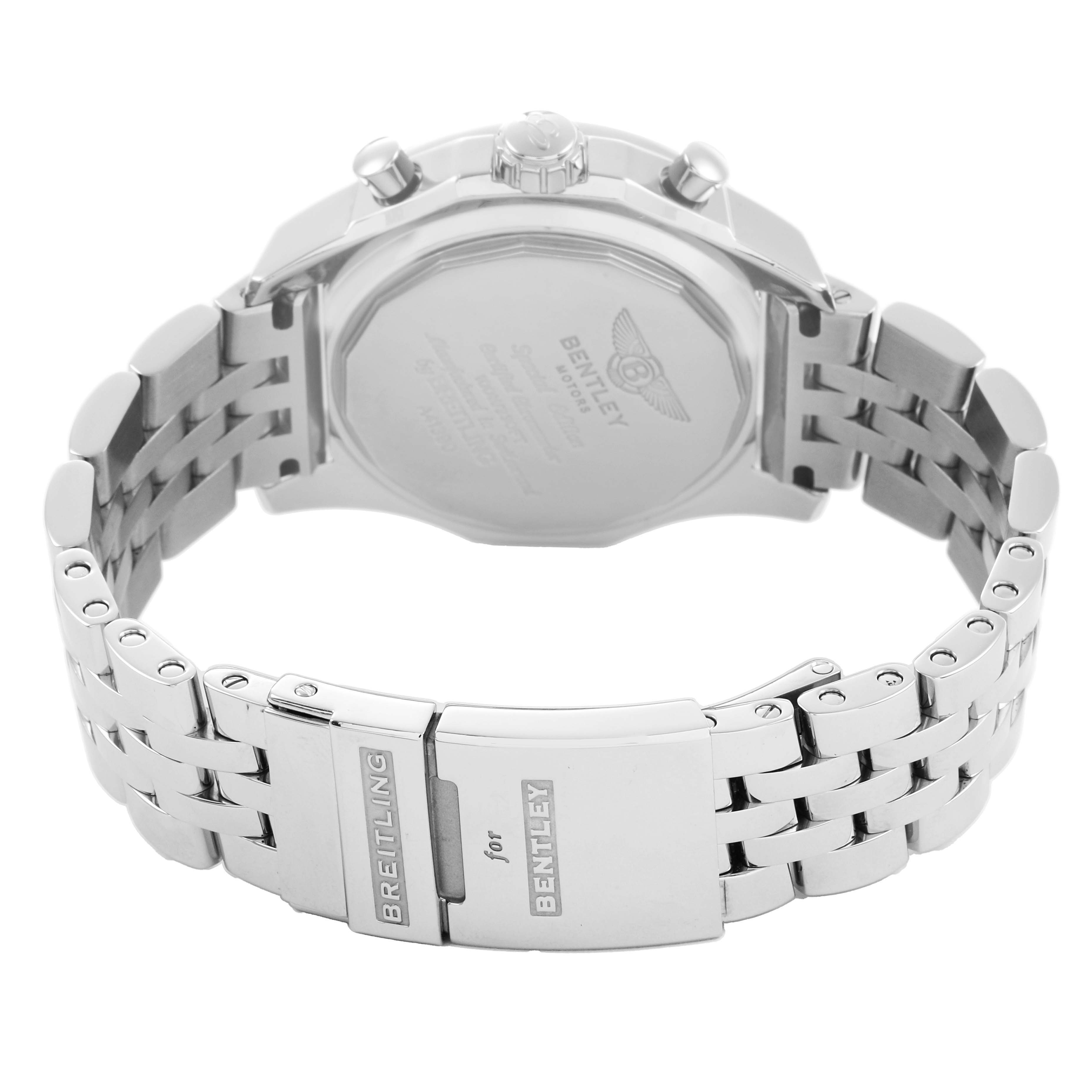 The Bentley model by Breitling is shown from the back, featuring the clasp and stainless steel bracelet.