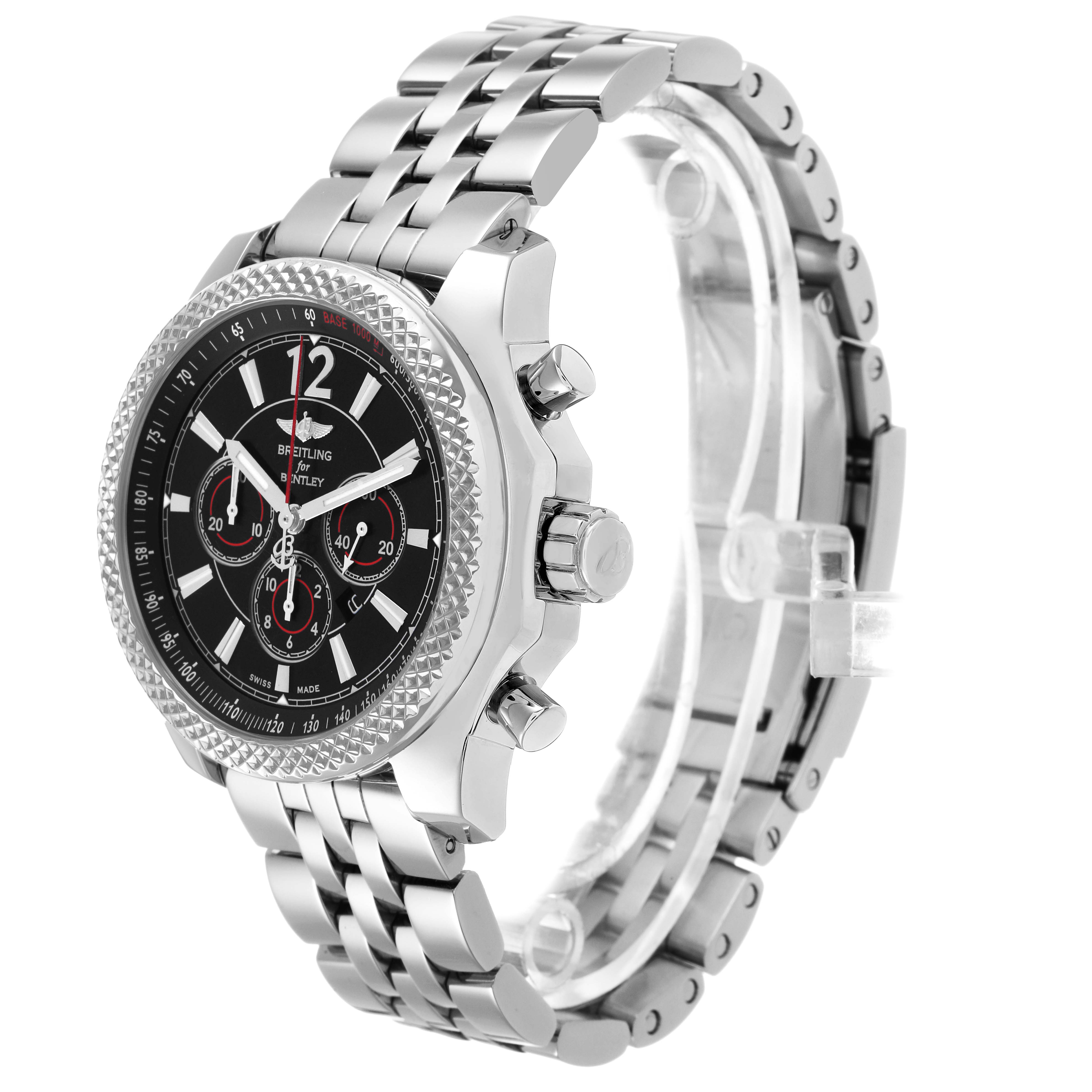 The Breitling Bentley A41390 Men's Stainless Steel Black Dial watch is shown from a three-quarter side angle, highlighting the bezel, dial, and stainless steel bracelet.