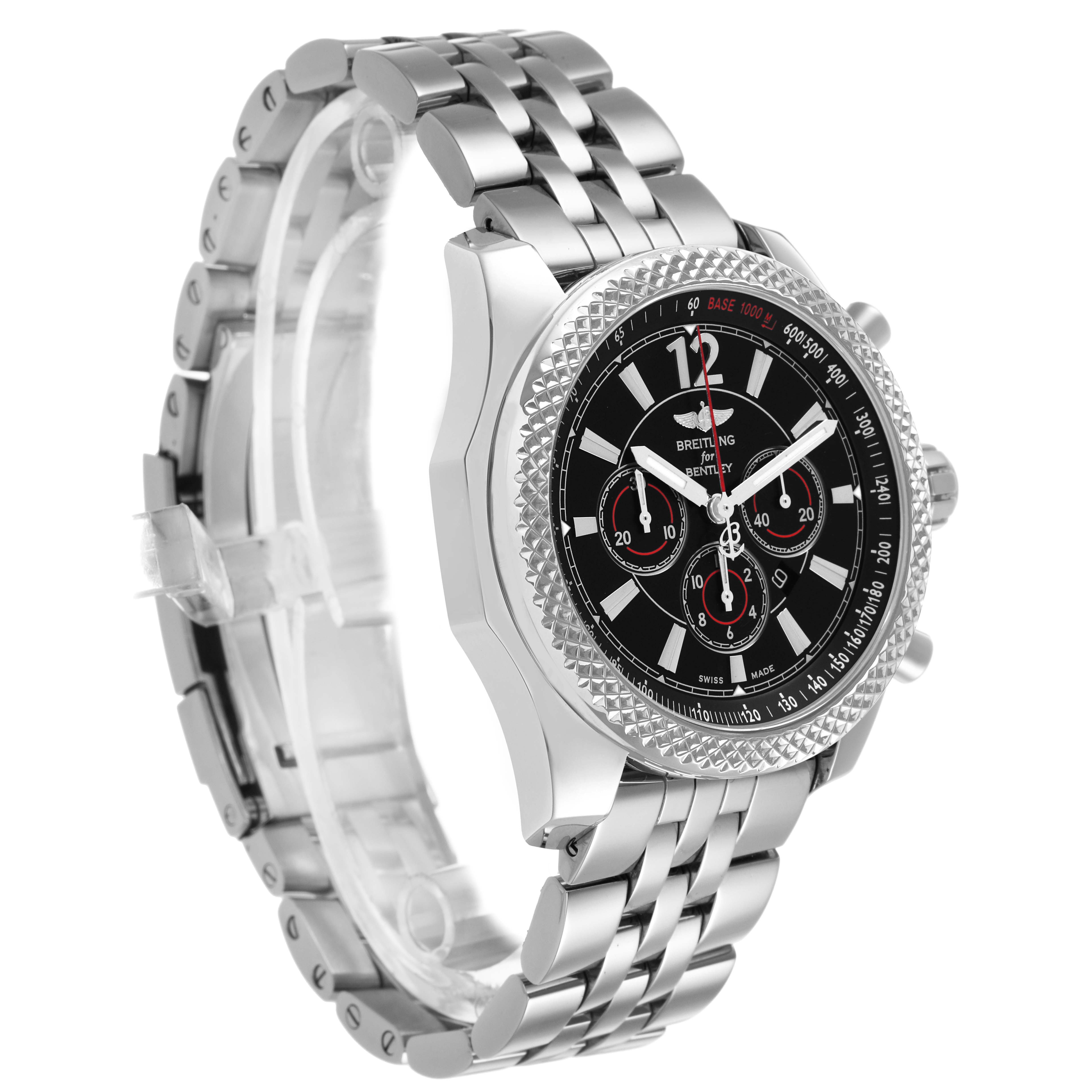 The Breitling Bentley A41390 Men's Stainless Steel Black Dial watch is shown at a three-quarter angle, highlighting the dial, bezel, and stainless steel bracelet.