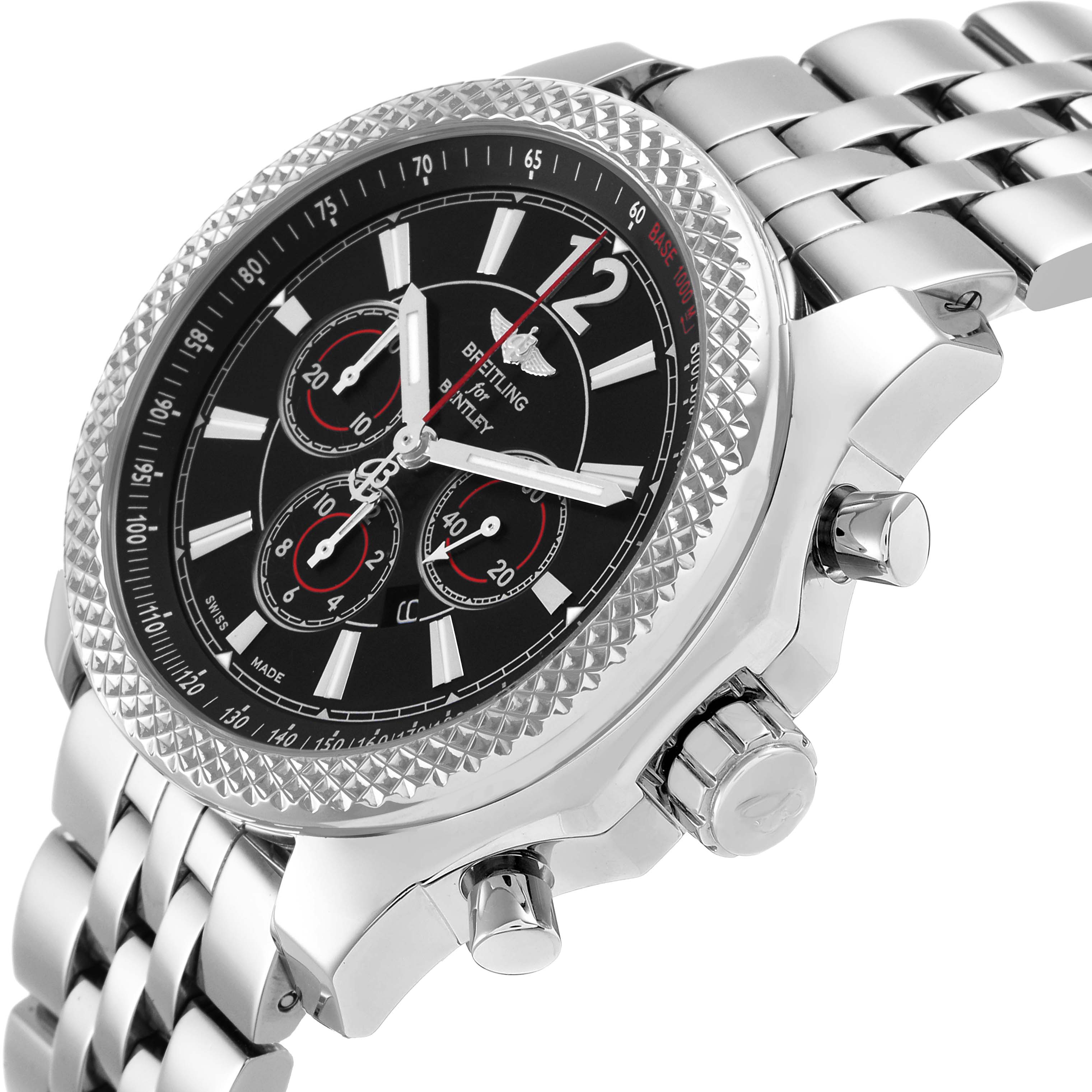 The Breitling Bentley A41390 Men's Stainless Steel Black Dial watch is shown at an angled view highlighting the bezel, dial, crown, pushers, and part of the bracelet.