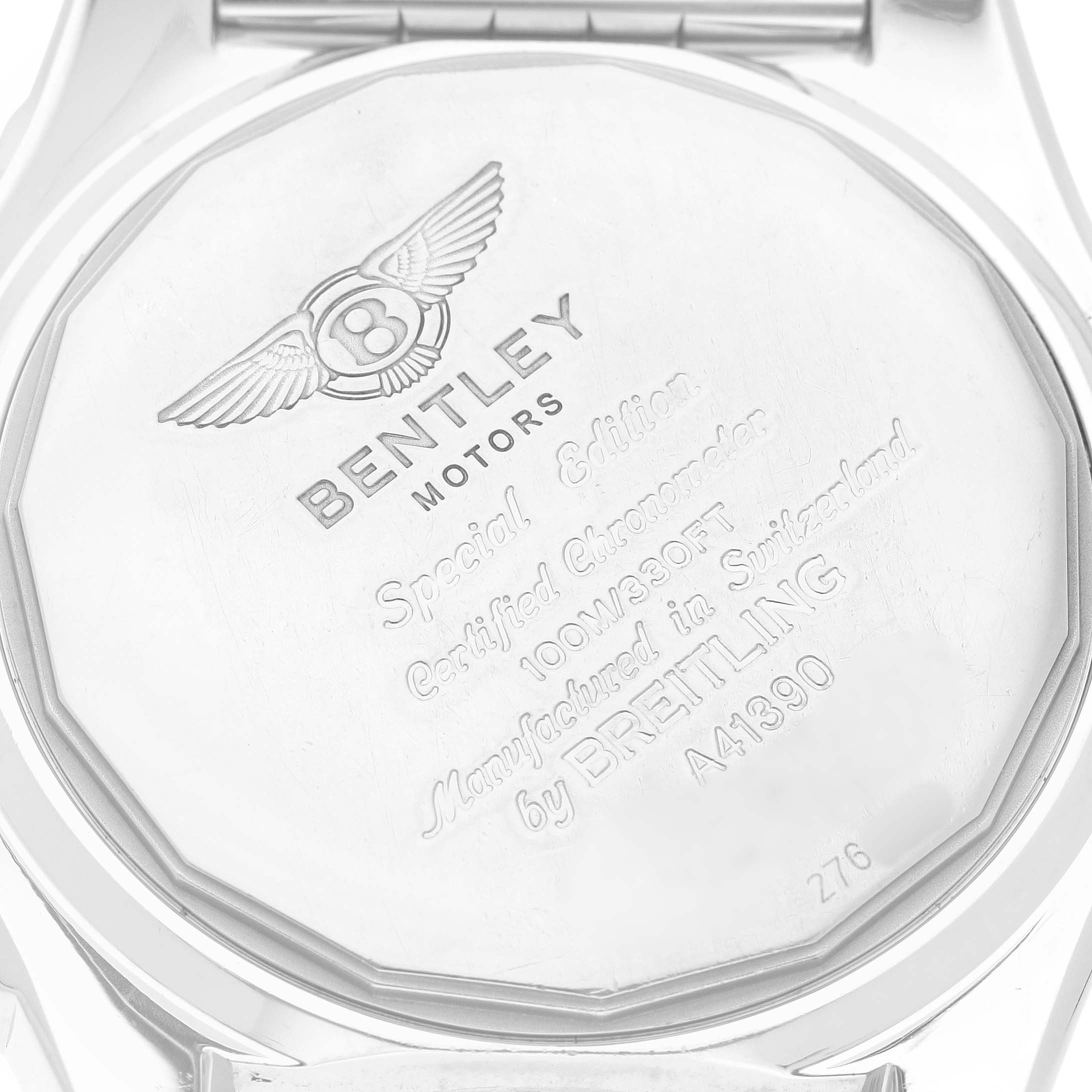 The image shows the case back of a Breitling Bentley A41390 Men's Stainless Steel Black Dial watch at a straight-on angle.