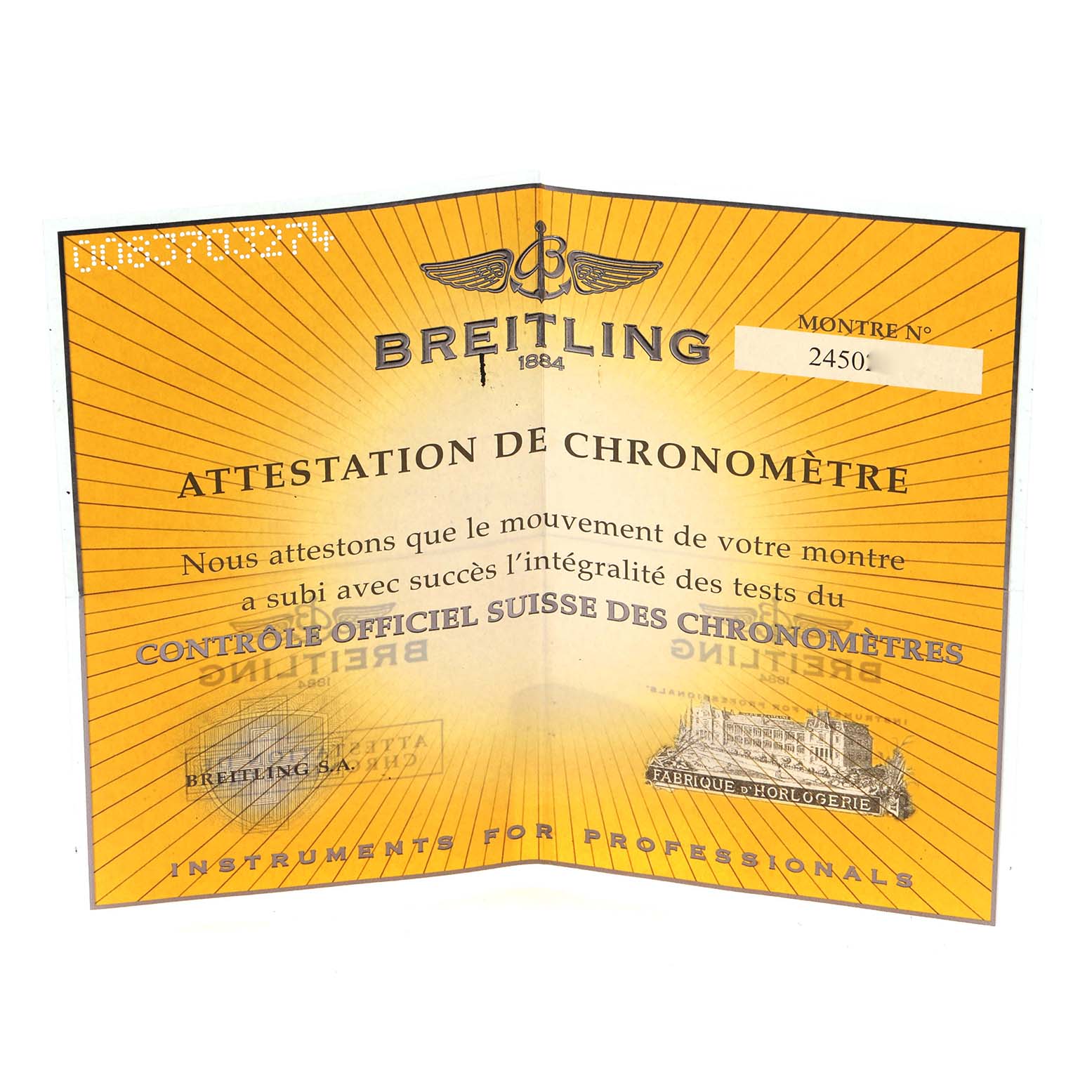 The image displays a Breitling Bentley A47362 Men
s Stainless Steel Black Dial model chronometer certificate document at a slight angle.