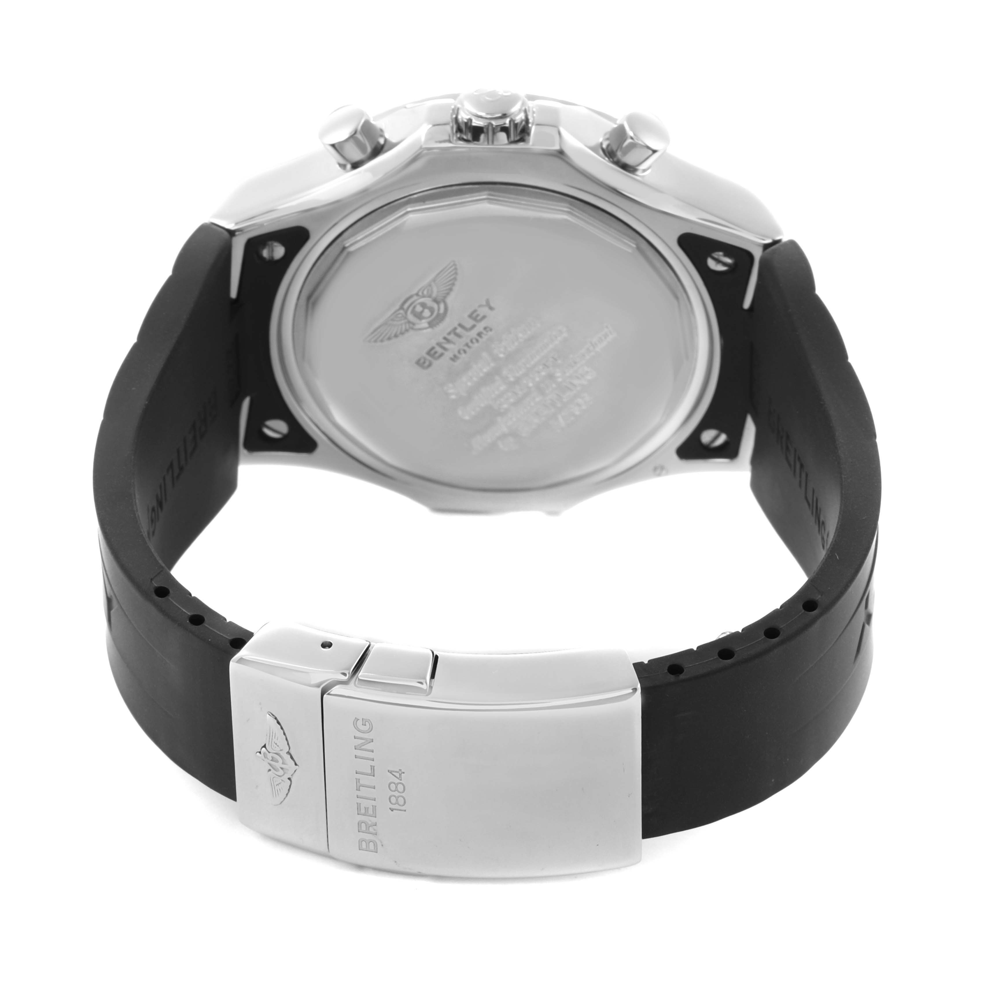 The image shows the backside of the Breitling Bentley A47362 Men
s Stainless Steel Black Dial watch, highlighting the clasp, case back, and rubber strap.