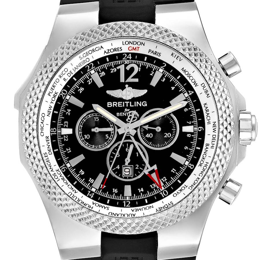 The Breitling Bentley A47362 Men's Stainless Steel Black Dial watch is shown from a front angle, displaying the dial, bezel, chronograph subdials, and crown.