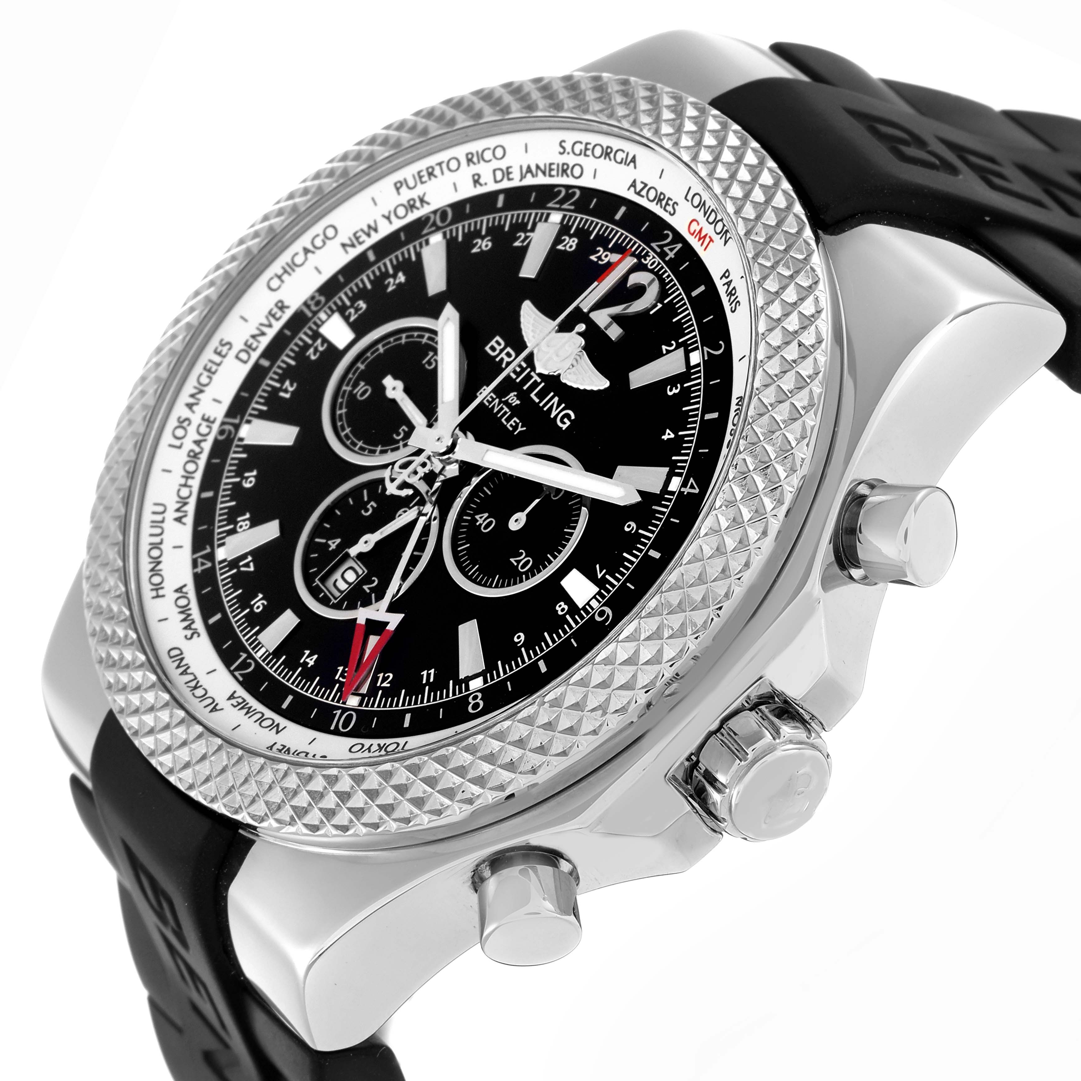 The Breitling Bentley A47362 Men
s Stainless Steel Black Dial watch is shown from a side angle, showcasing its bezel, dial, pushers, and part of the rubber strap.