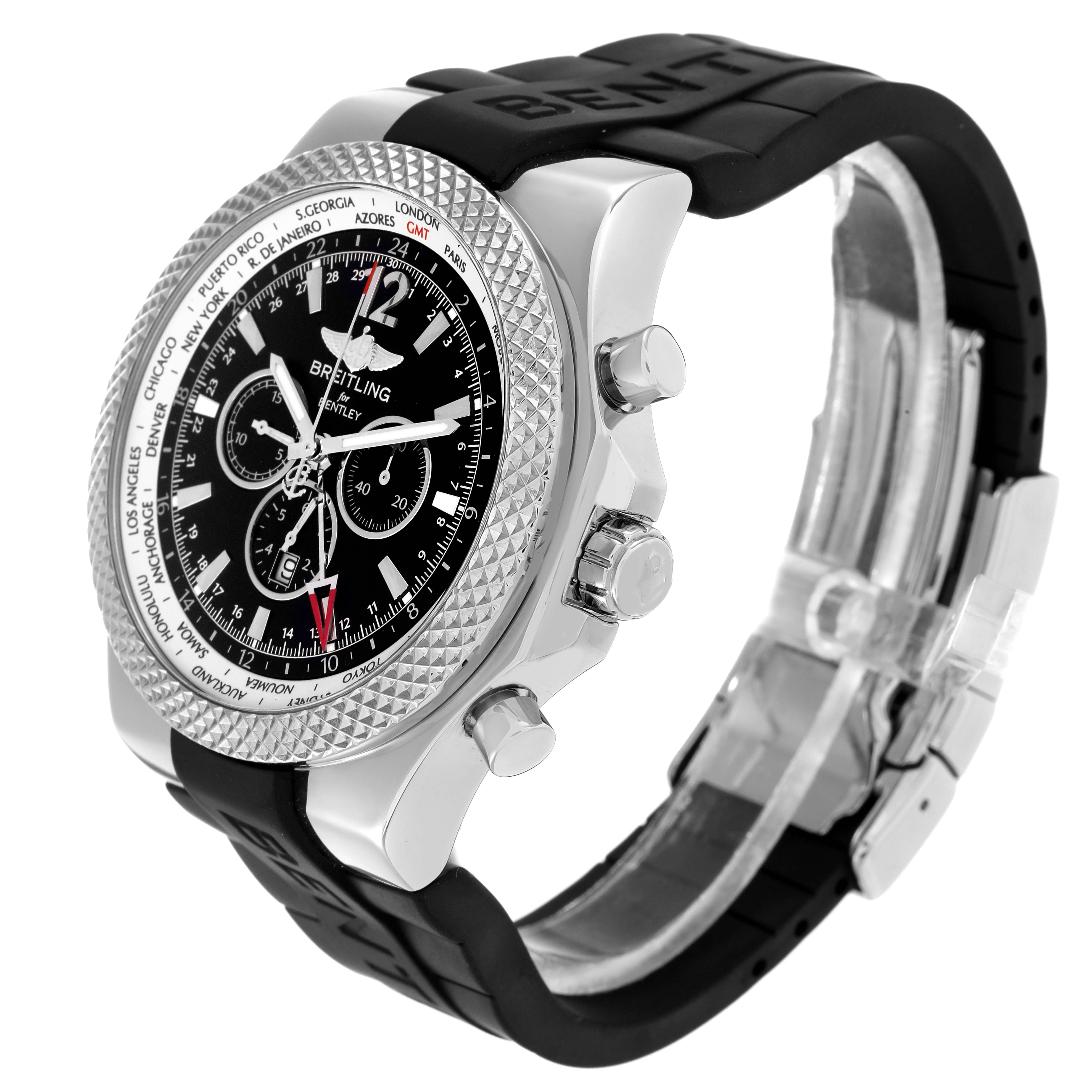 The Breitling Bentley A47362 Men
s Stainless Steel Black Dial watch is angled to show the dial, bezel, crown, pushers, and part of the strap.