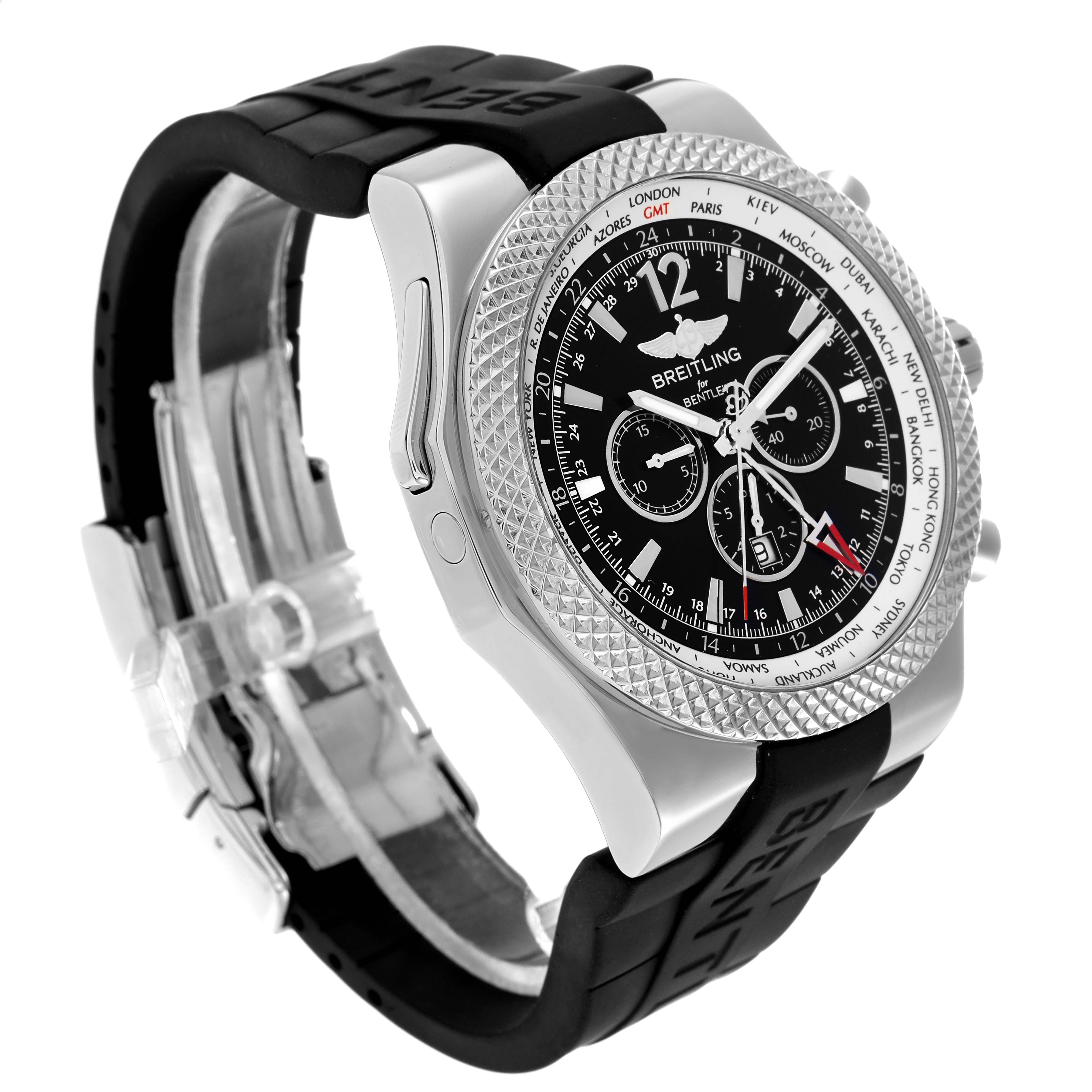 The Breitling Bentley A47362 Men
s Stainless Steel Black Dial watch is shown at a 3/4 angle, highlighting its bezel, dial, chronograph subdials, and rubber strap.