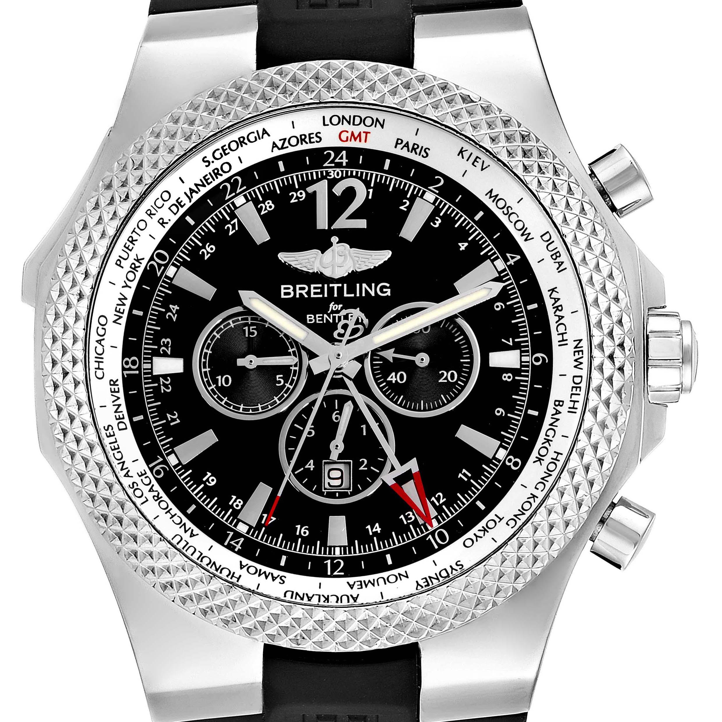 The Breitling for Bentley watch is shown from a front angle, displaying its dial, bezel, and chronograph subdials.