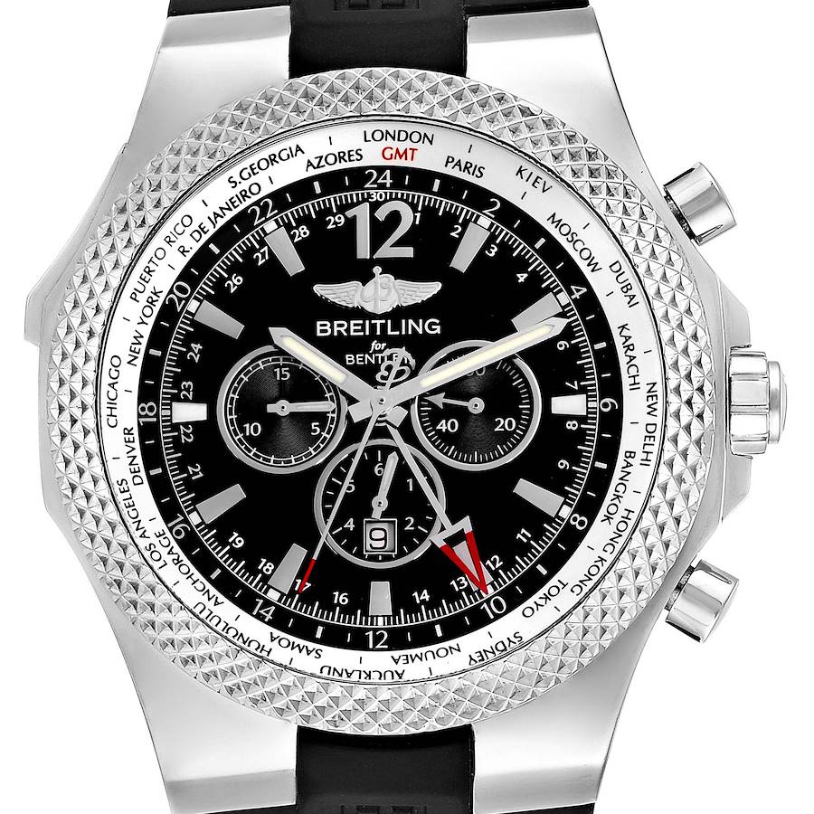 The Breitling for Bentley watch is shown from a front angle, displaying its dial, bezel, and chronograph subdials.