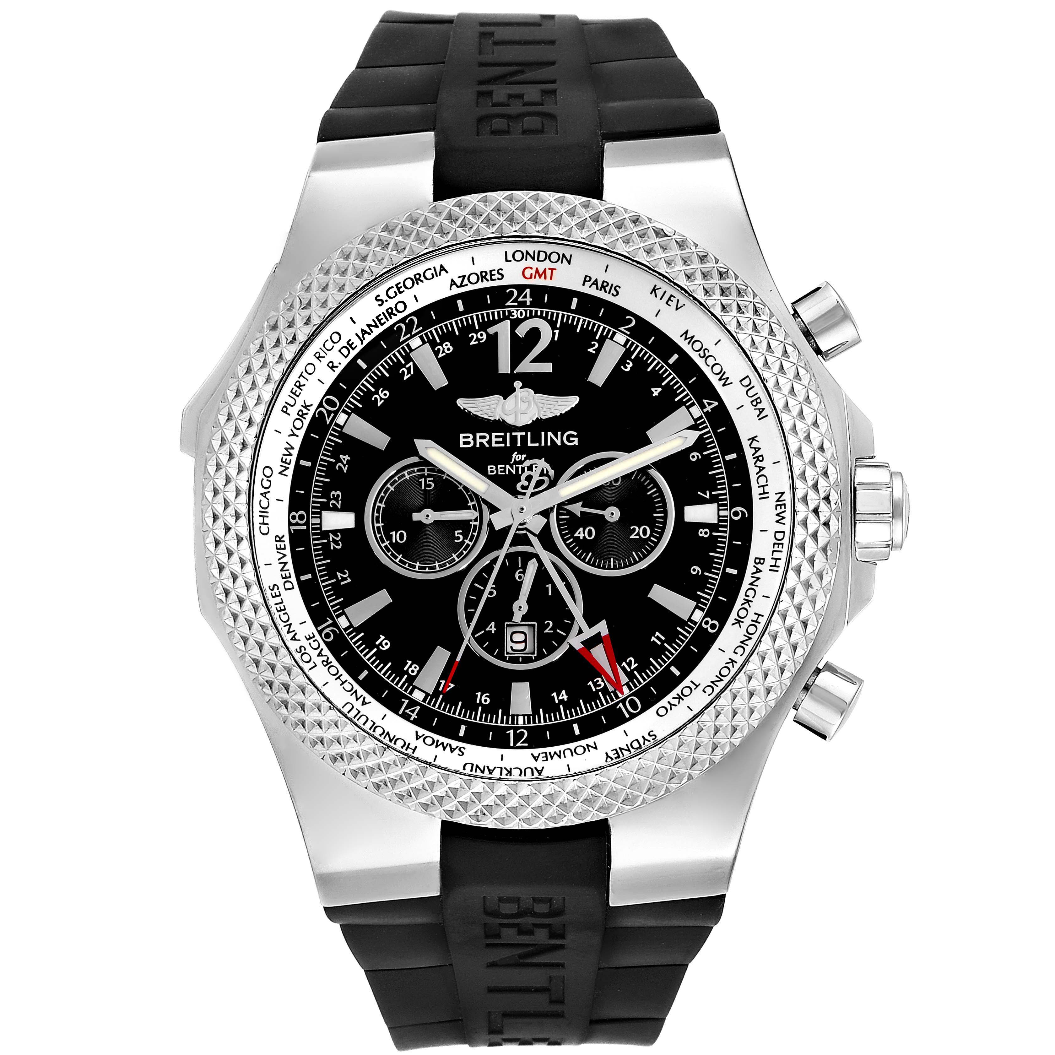 The Breitling Bentley A47362 Men
s Stainless Steel Black Dial watch is shown from the front, highlighting its dial, bezel, and pushers.