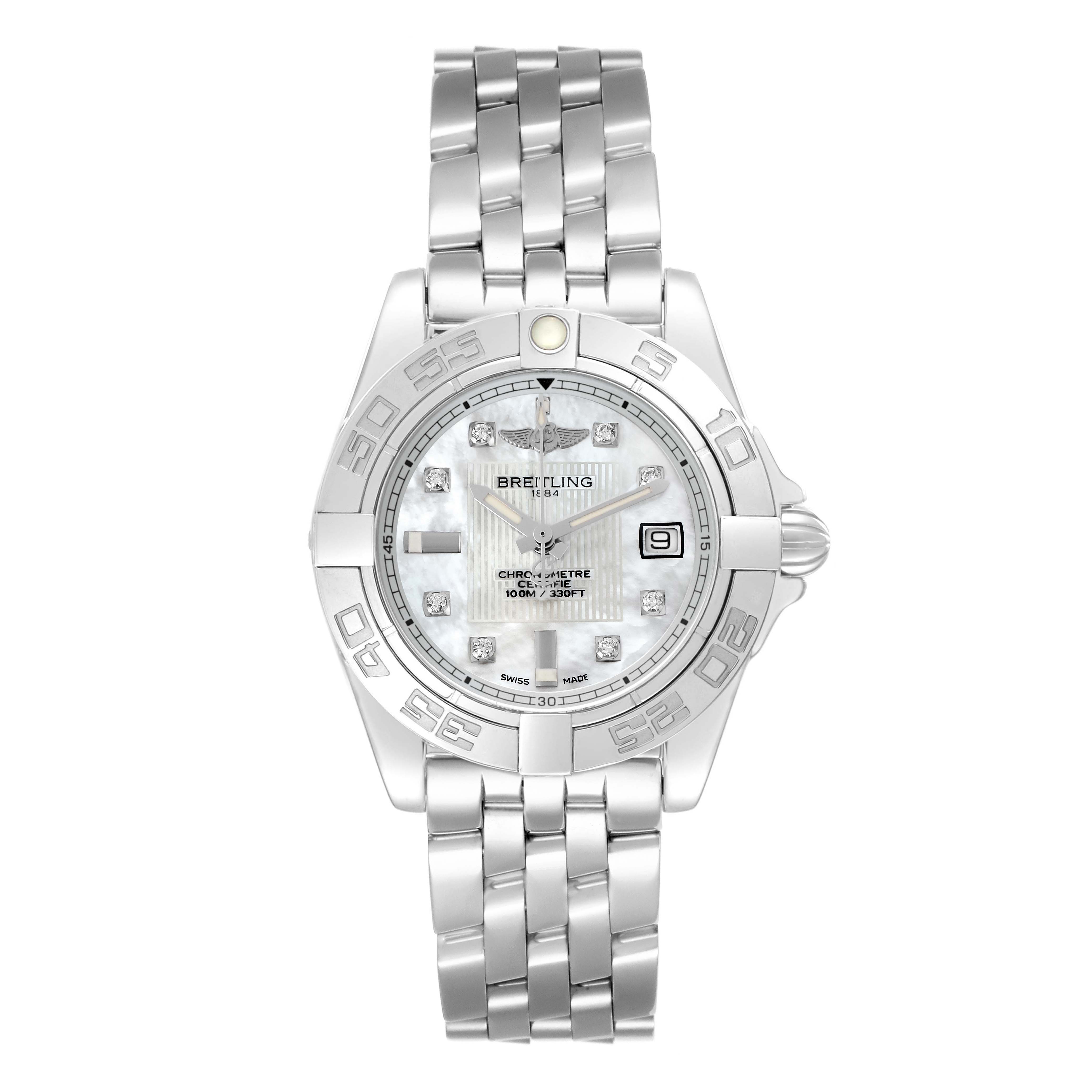 The image shows a front view of the Breitling A71356 Women's Stainless Steel White Dial Galactic Cockpit Mother of Pearl Diamond Ladies Watch A71356, highlighting the dial, bezel, and bracelet.