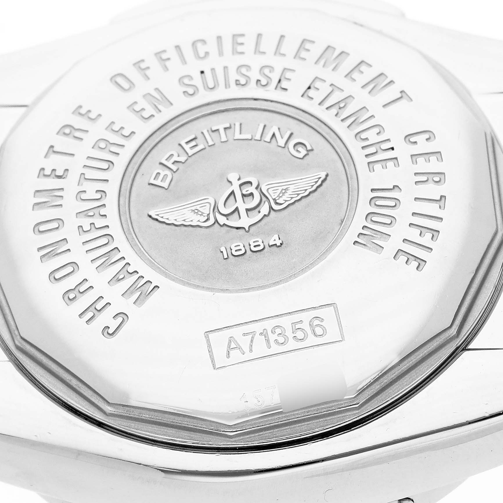 The image shows the back of the Breitling A71356 Women's Stainless Steel White Dial Galactic Cockpit A71356 watch, focusing on the engraved logo and model details.