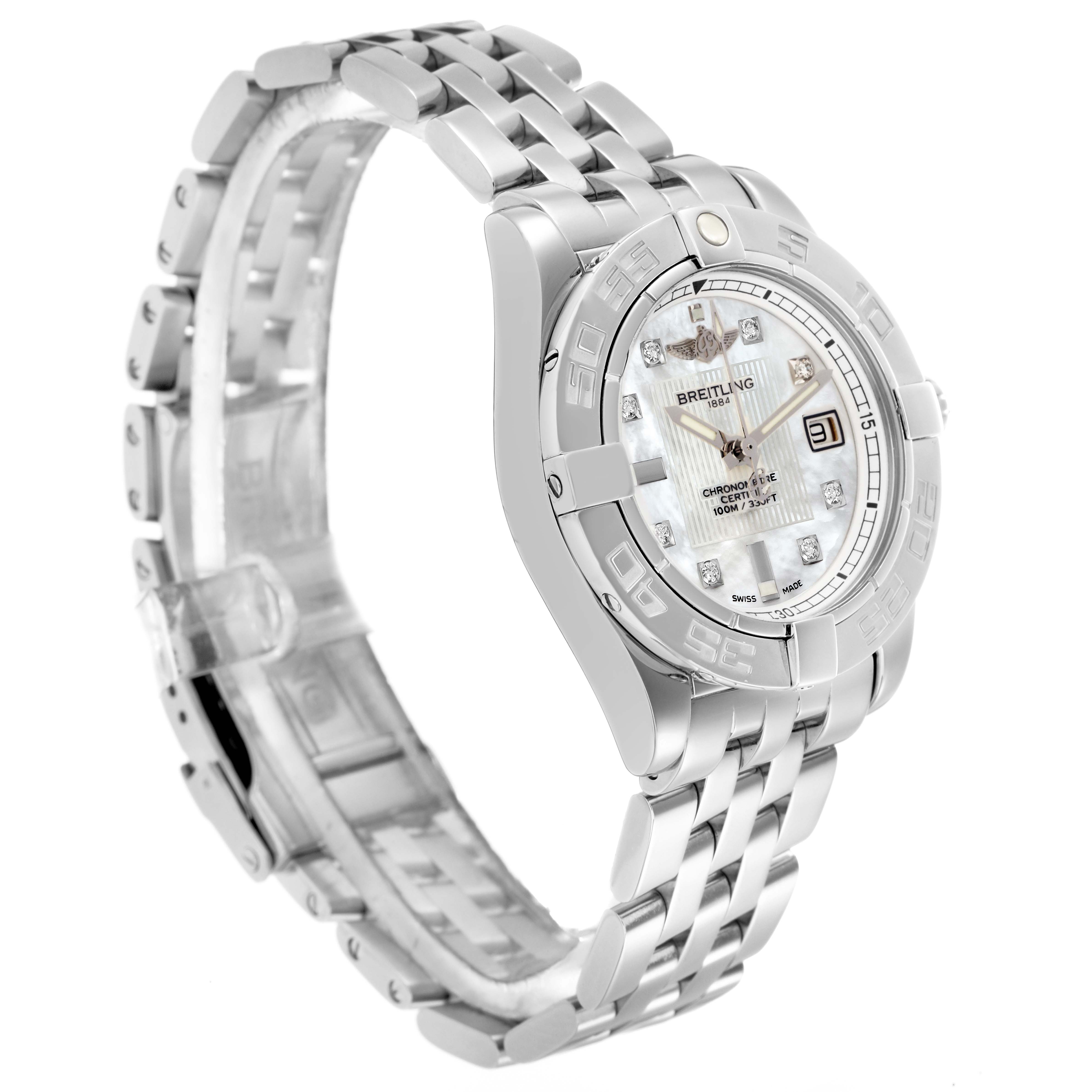The Breitling A71356 Women's Stainless Steel White Dial Galactic Cockpit Mother of Pearl Diamond Ladies Watch A71356 is shown at a front angle, highlighting the face and bracelet.