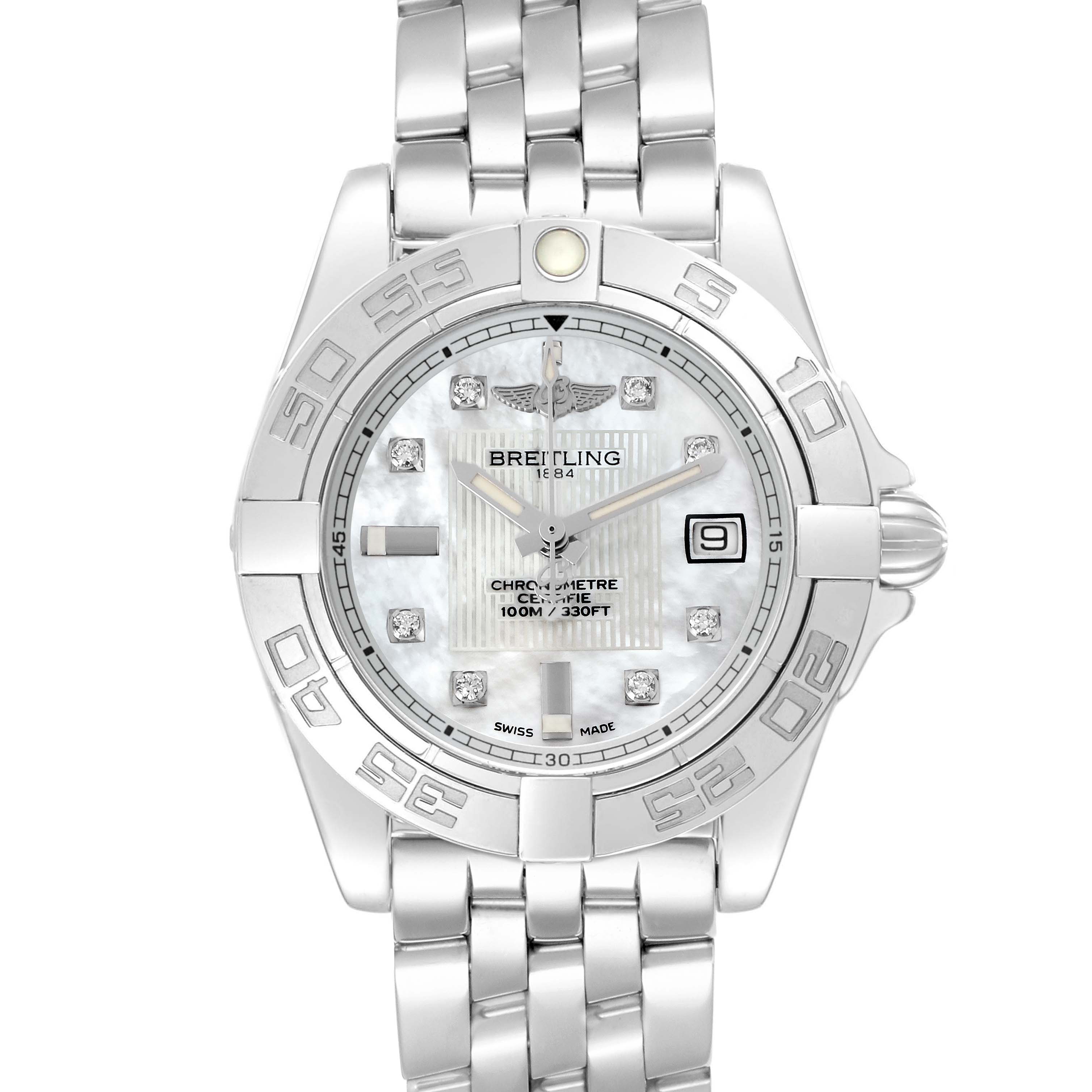 The Breitling A71356 Women's Stainless Steel White Dial Galactic Cockpit Mother of Pearl Diamond Ladies Watch A71356 is shown from the front, highlighting its dial and bracelet.
