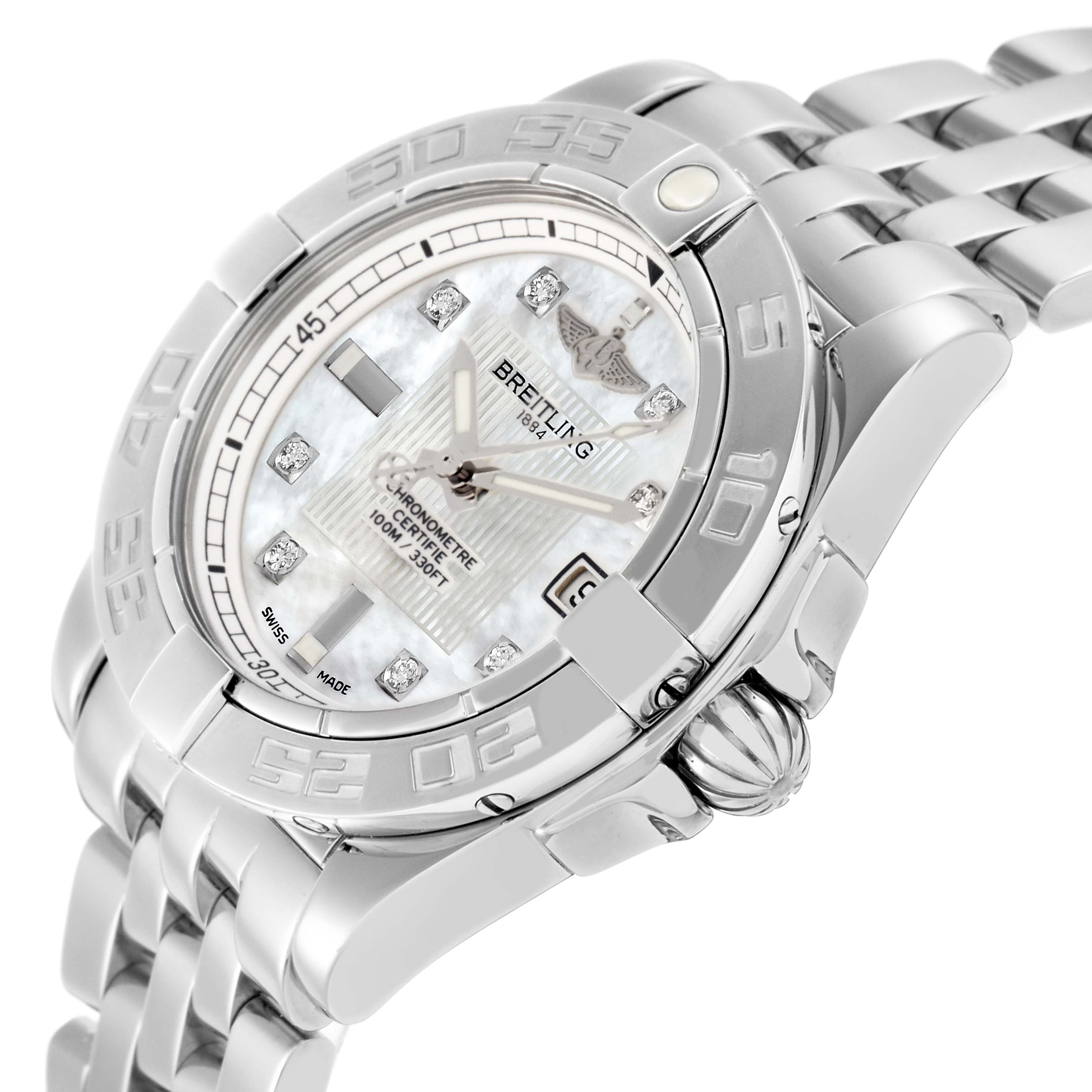 The Breitling A71356 Women's Stainless Steel White Dial Galactic Cockpit features a side angle view, showing the mother of pearl diamond dial, bezel, crown, and metal bracelet.