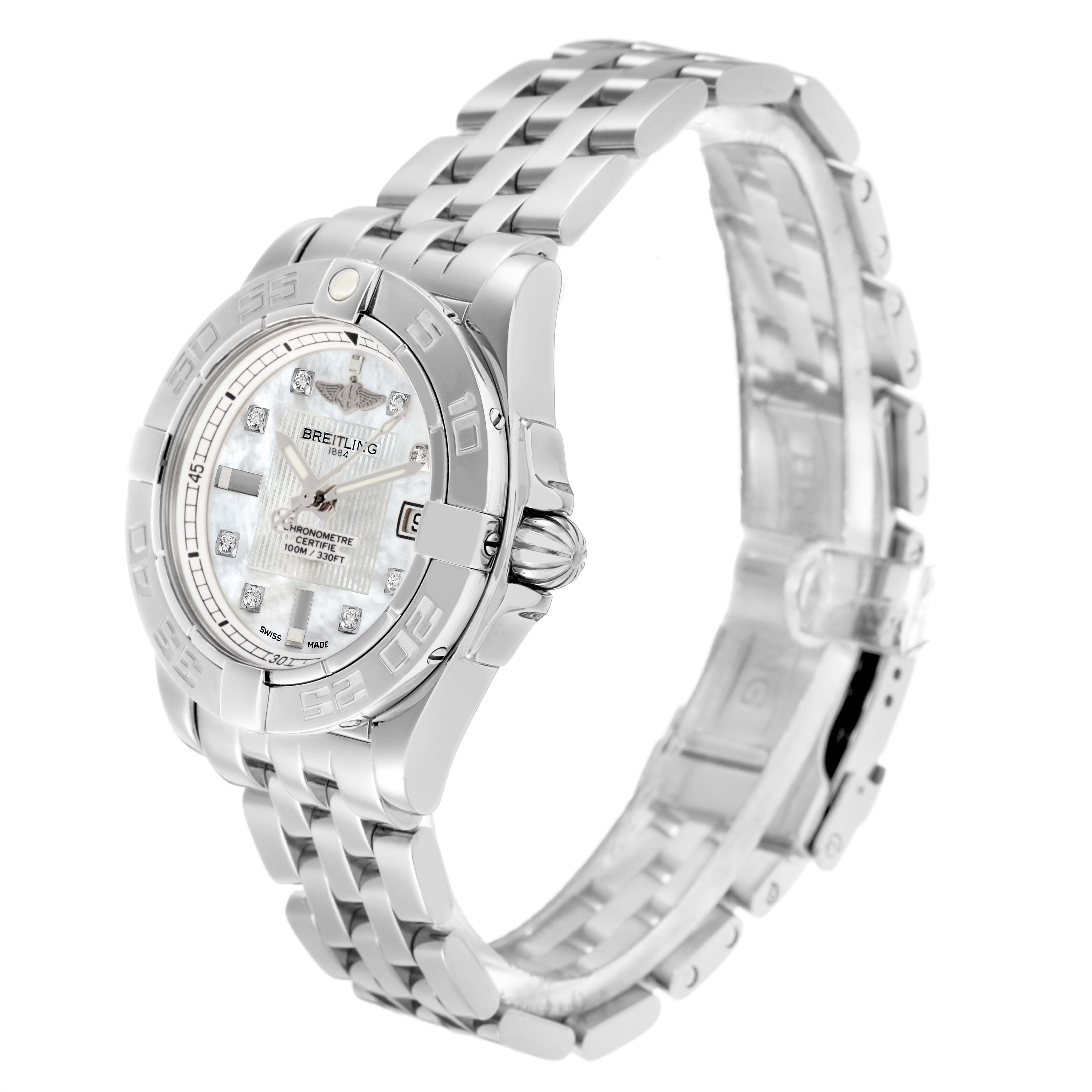The Breitling A71356 Women's Stainless Steel White Dial Galactic Cockpit Mother of Pearl Diamond Ladies Watch is shown at a three-quarter angle, highlighting the face and bracelet.