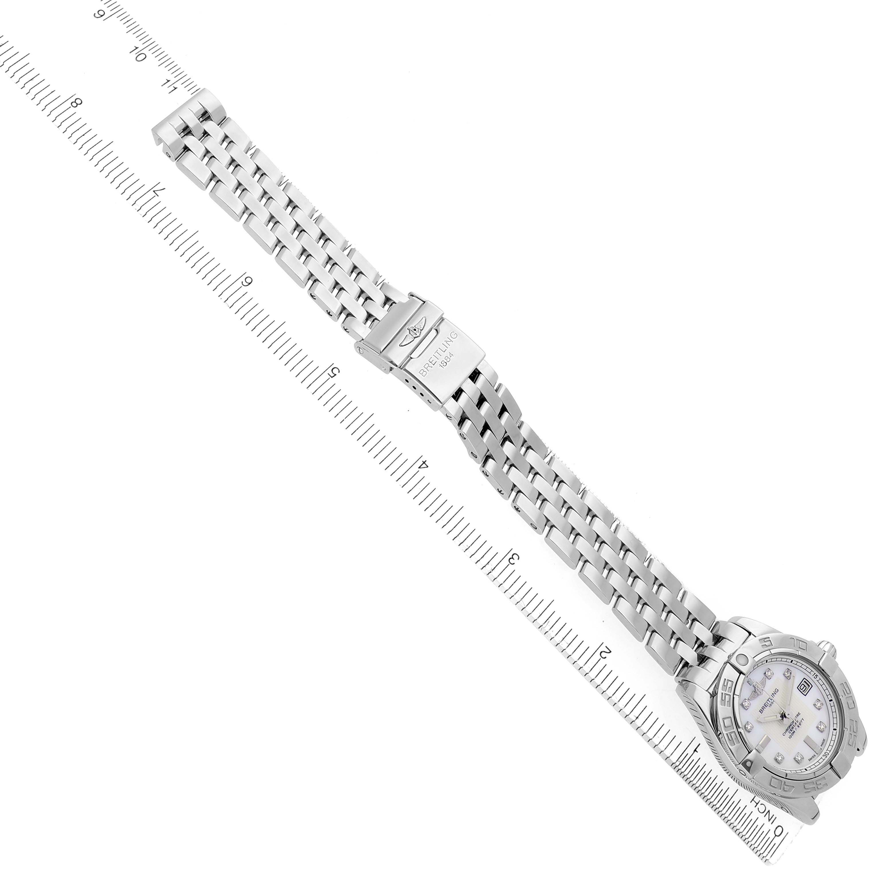 The Breitling A71356 Women's Stainless Steel White Dial Galactic Cockpit Mother of Pearl Diamond Ladies Watch is shown from a top view, displaying the entire band and face.