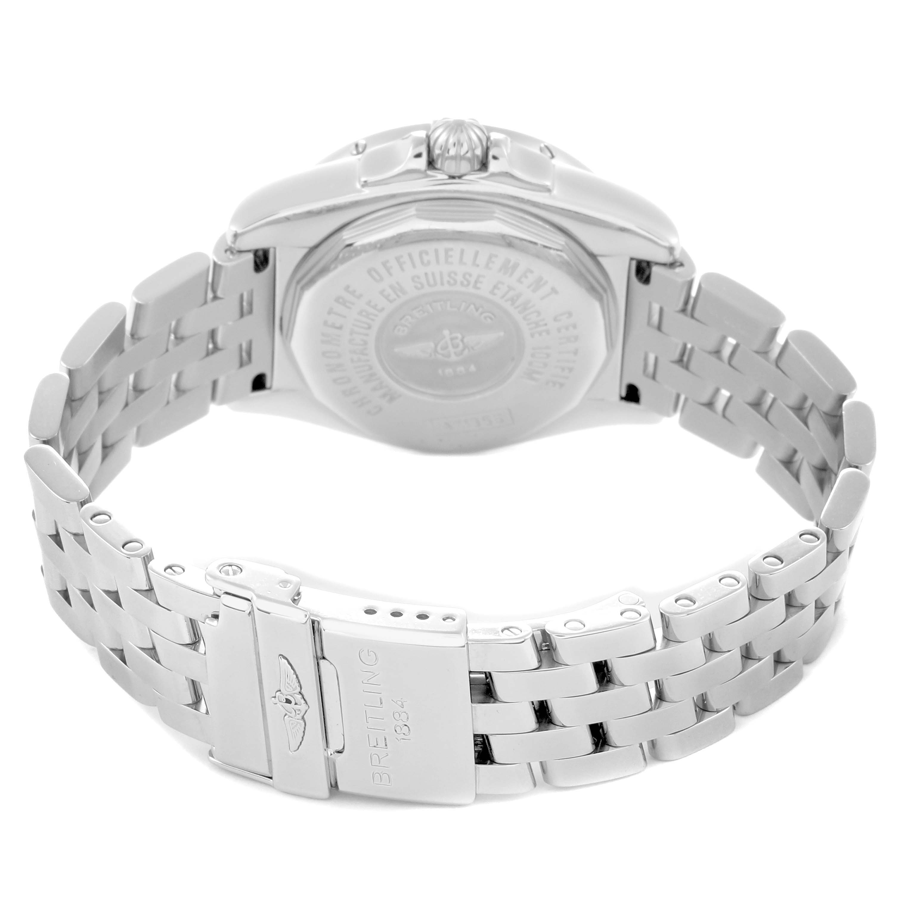 The image shows the back and bracelet of the Breitling A71356 Women's Stainless Steel White Dial Galactic Cockpit Mother of Pearl Diamond Ladies Watch A71356, viewed from the rear angle.