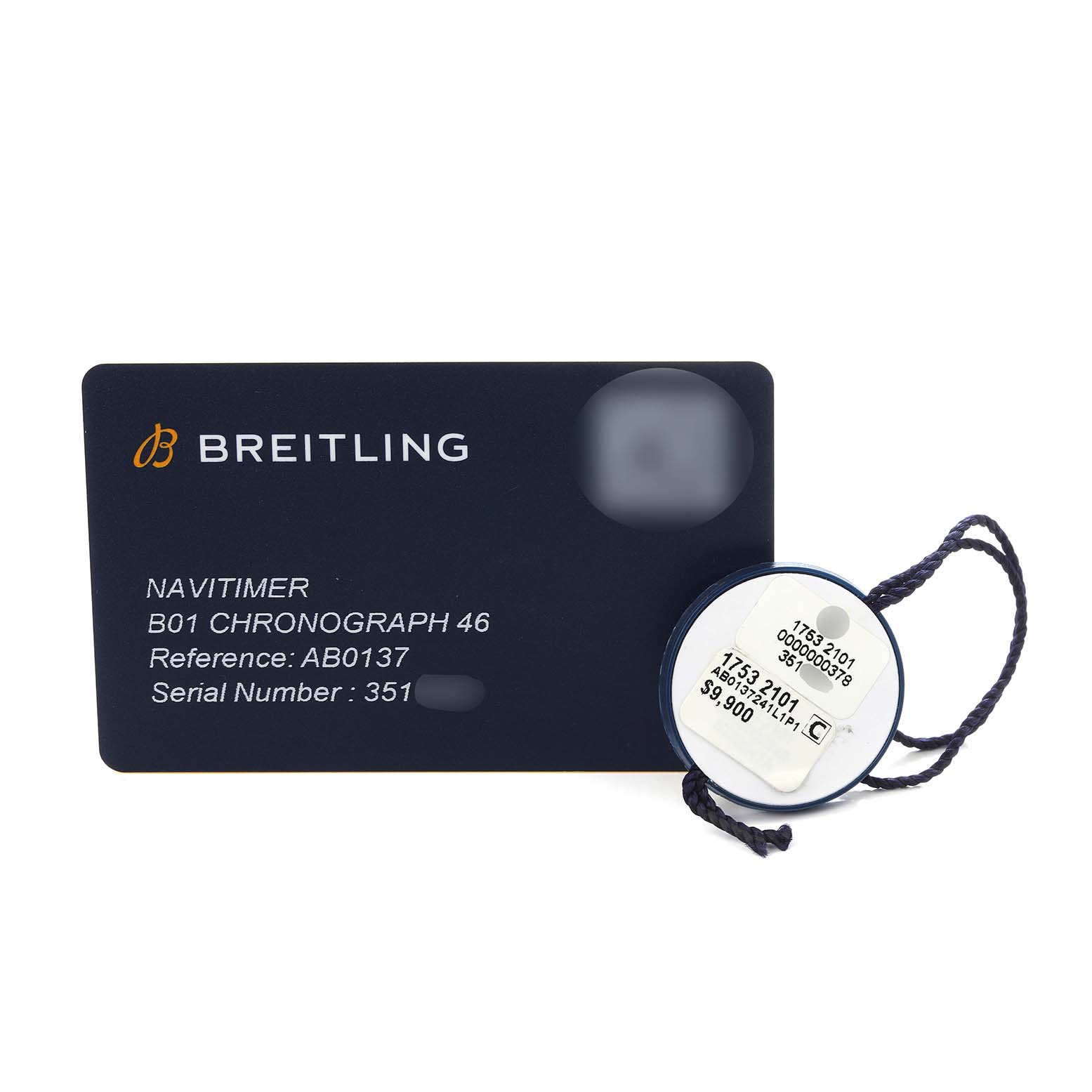 The image shows a Breitling Navitimer AB0137 Men
s Stainless Steel Green Dial B01 Chronograph 46 warranty card and a tag with a price and reference number.