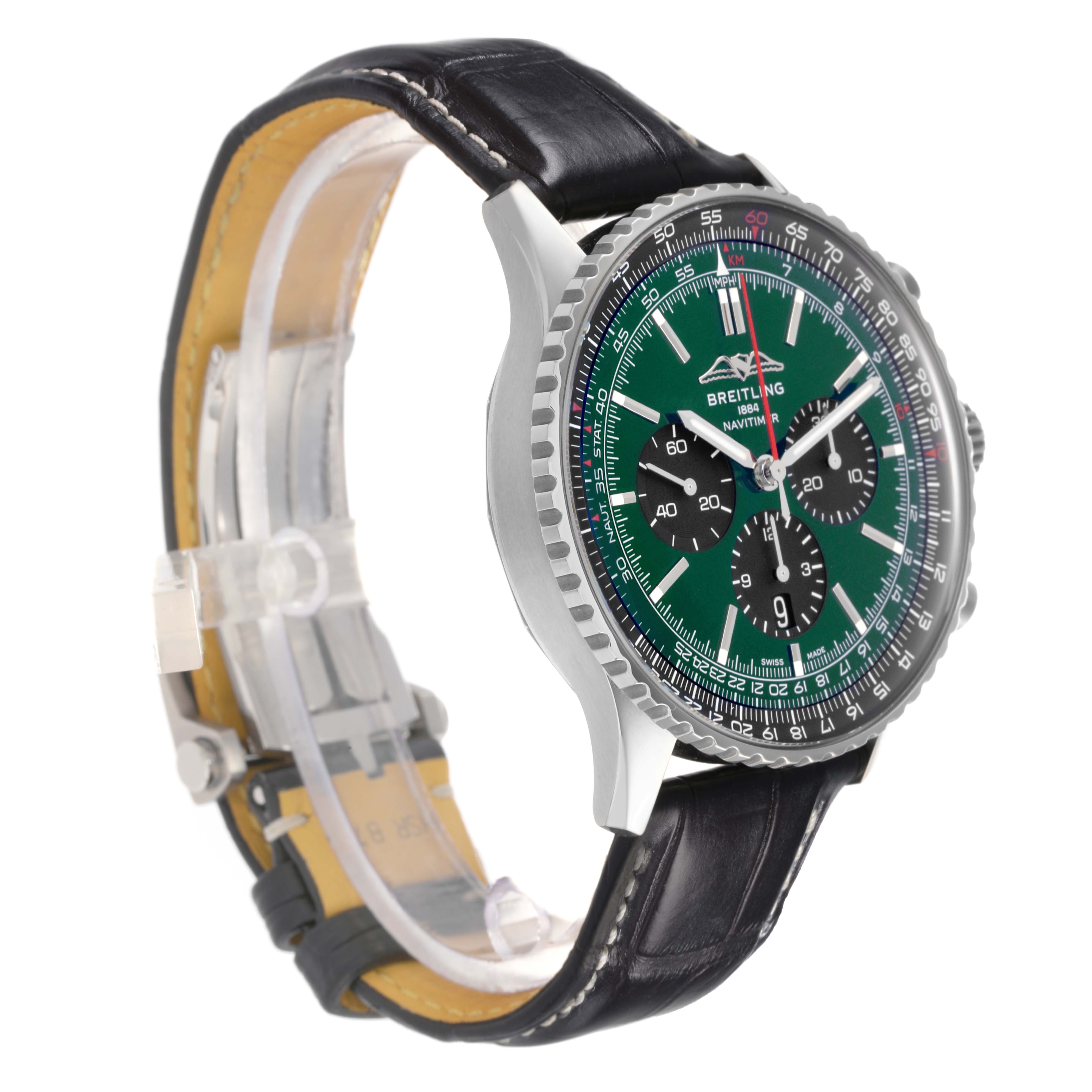 The Breitling Navitimer AB0137 Men
s Stainless Steel Green Dial watch is shown at an angle highlighting the bezel, green dial, subdials, and leather strap.