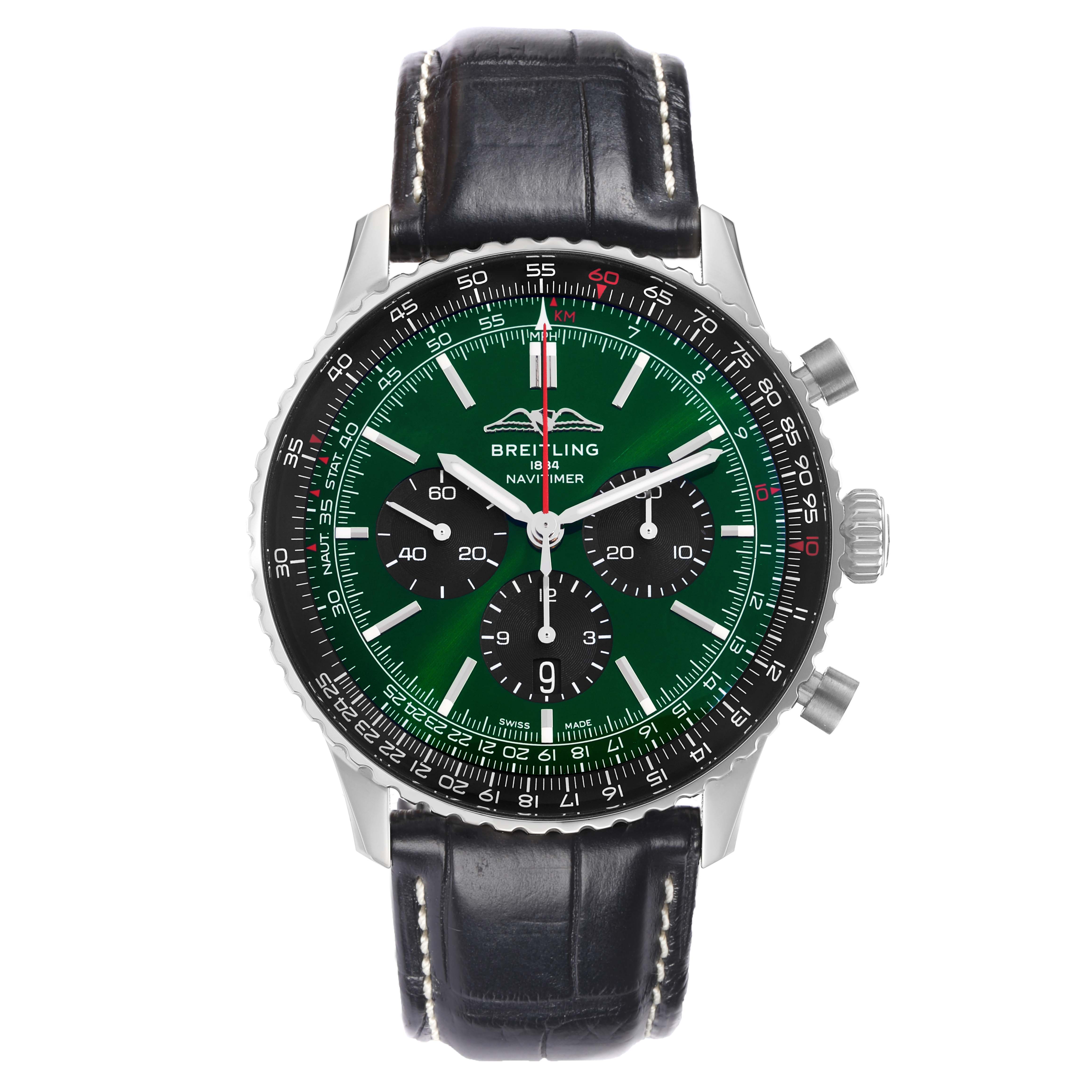 The Breitling Navitimer AB0137 Men
s Stainless Steel Green Dial watch is shown from the front, displaying the dial, bezel, and leather strap.