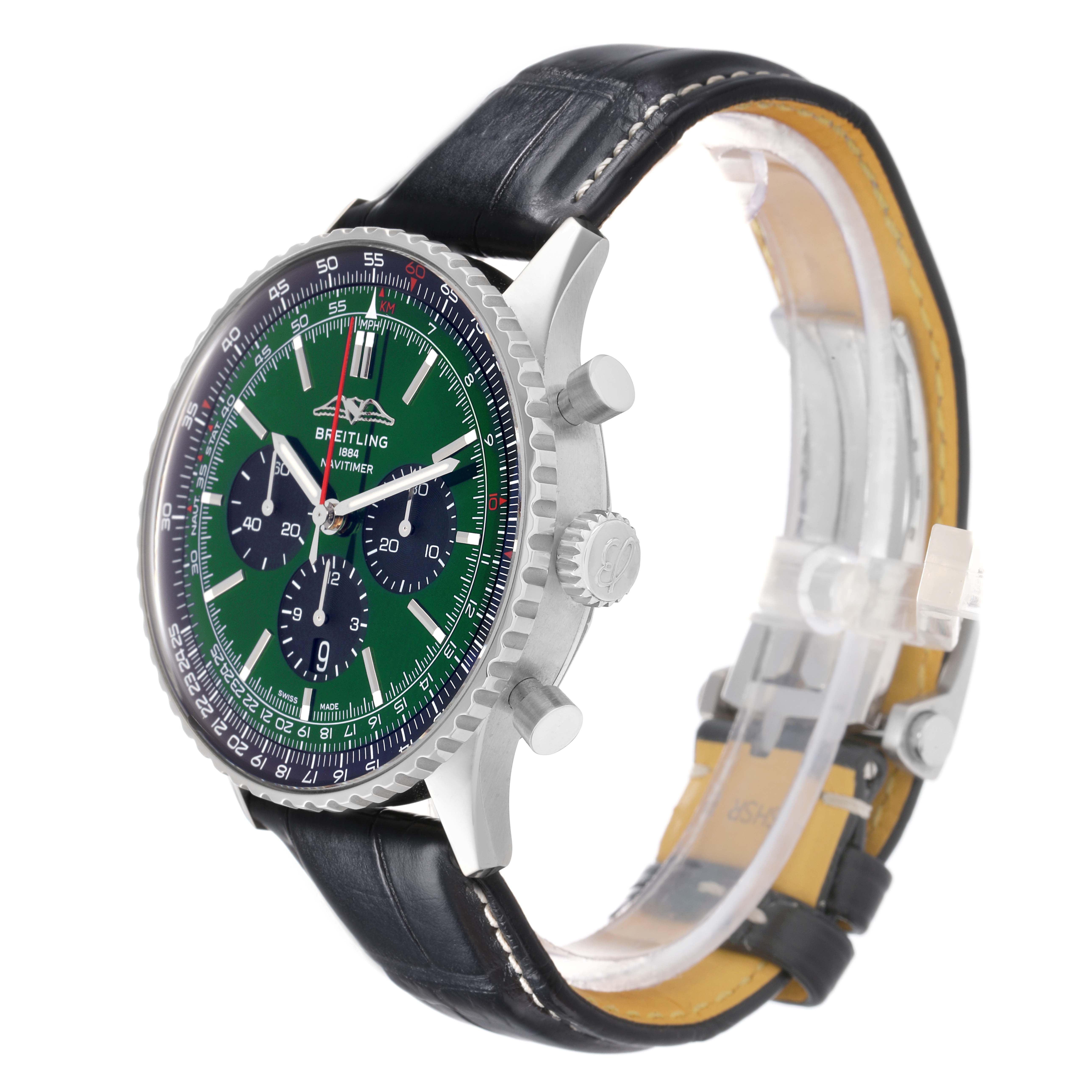 The Breitling Navitimer AB0137 Men
s Stainless Steel Green Dial watch is shown at a three-quarter angle, displaying the face, bezel, crown, pushers, and leather strap.