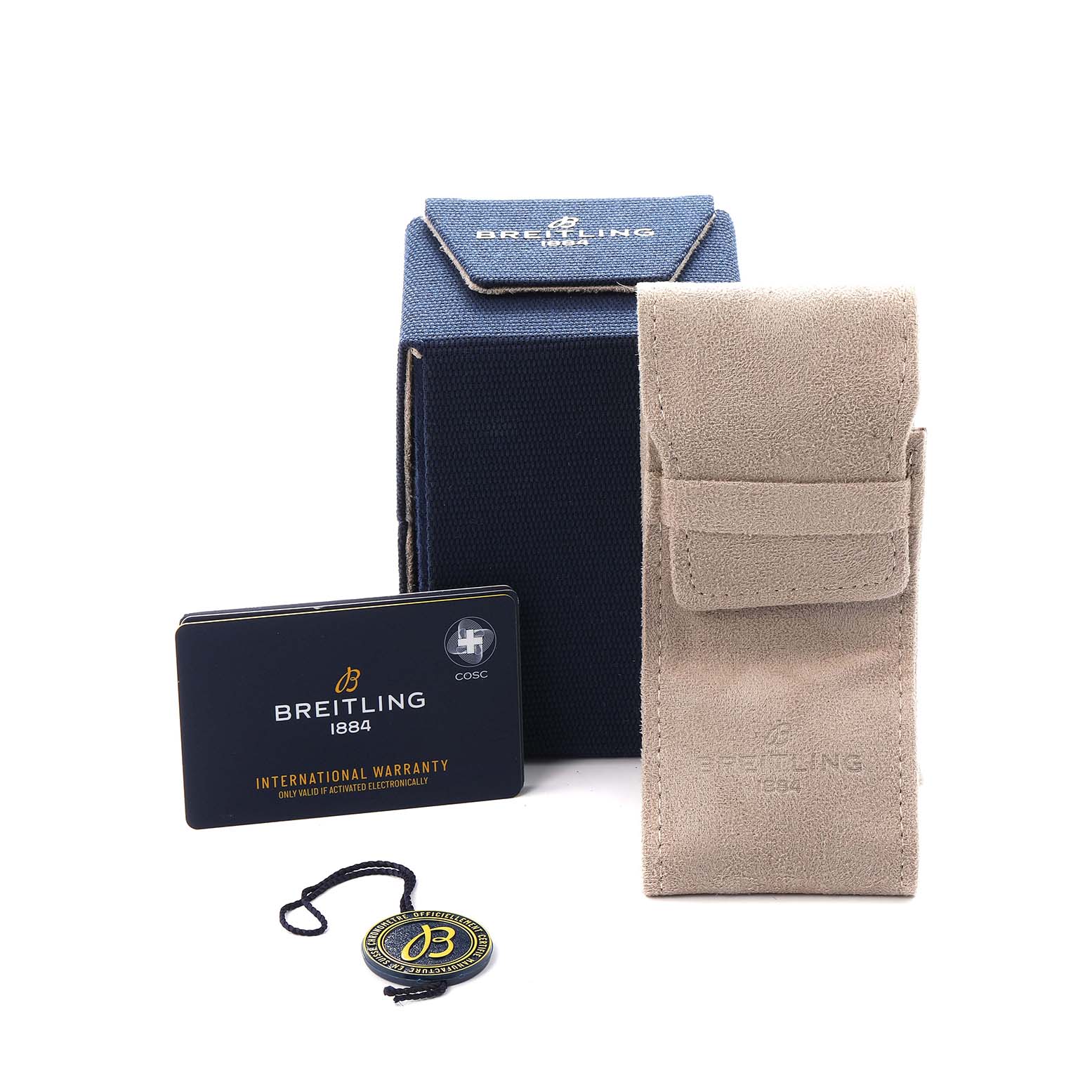 The image shows Breitling Navitimer AB0137 Men
s Stainless Steel Green Dial accessories, including a storage pouch, warranty card, box, and hang tag.