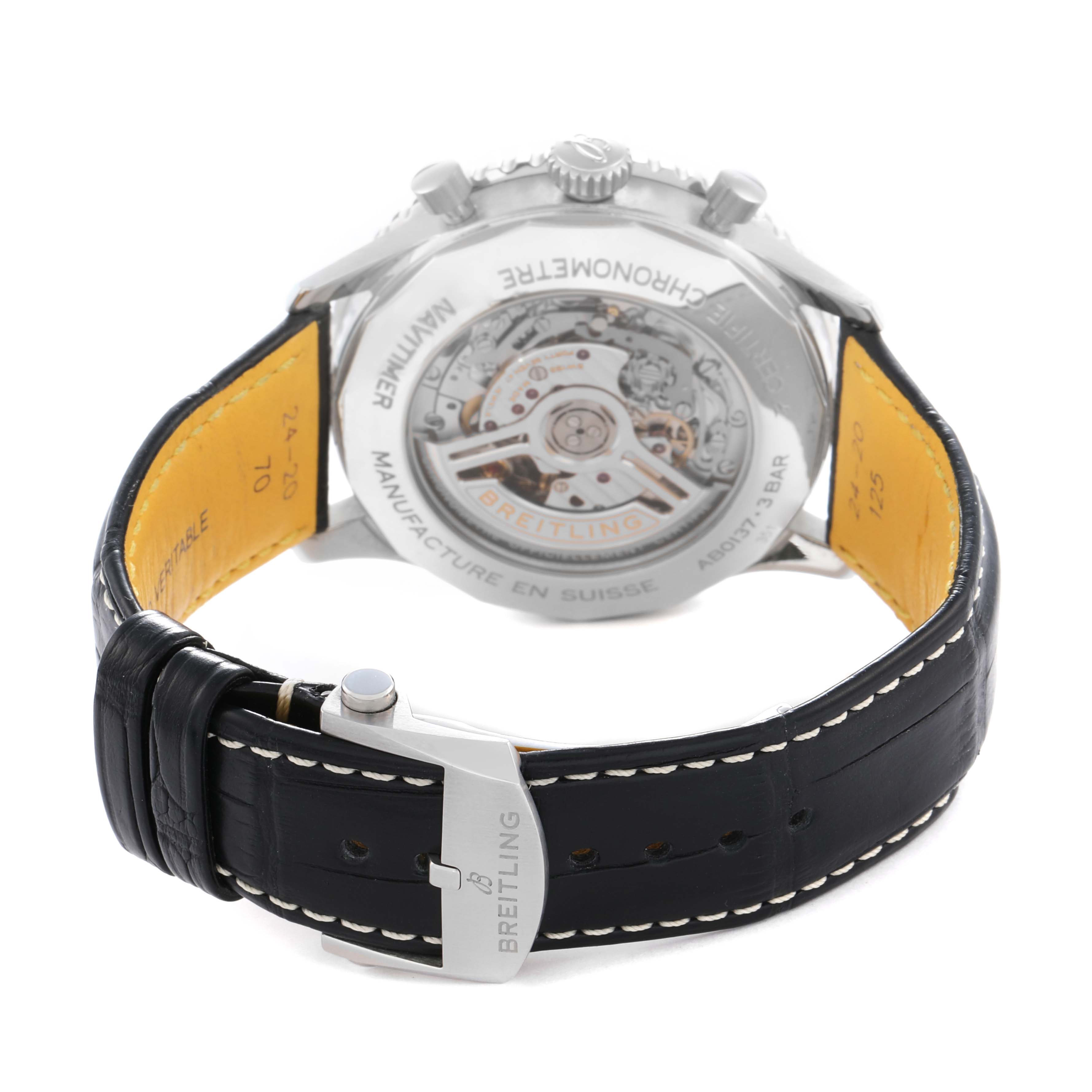 The Breitling Navitimer AB0137 Men
s Stainless Steel Green Dial is shown from a rear angle, highlighting the transparent case back and leather strap with buckle.