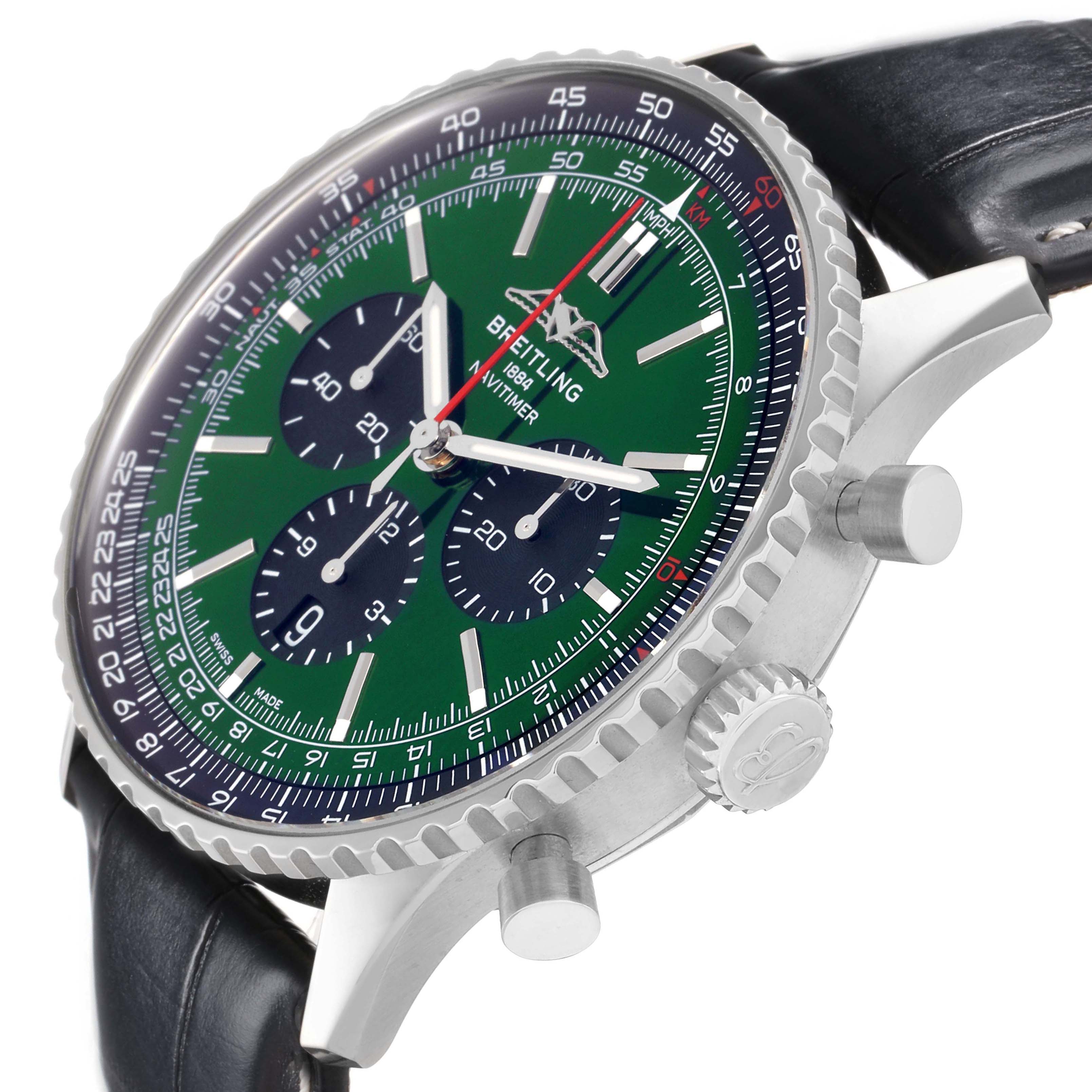 The Breitling Navitimer AB0137 Men
s Stainless Steel Green Dial watch is shown at an oblique angle, highlighting the bezel, crown, pushers, and leather strap.