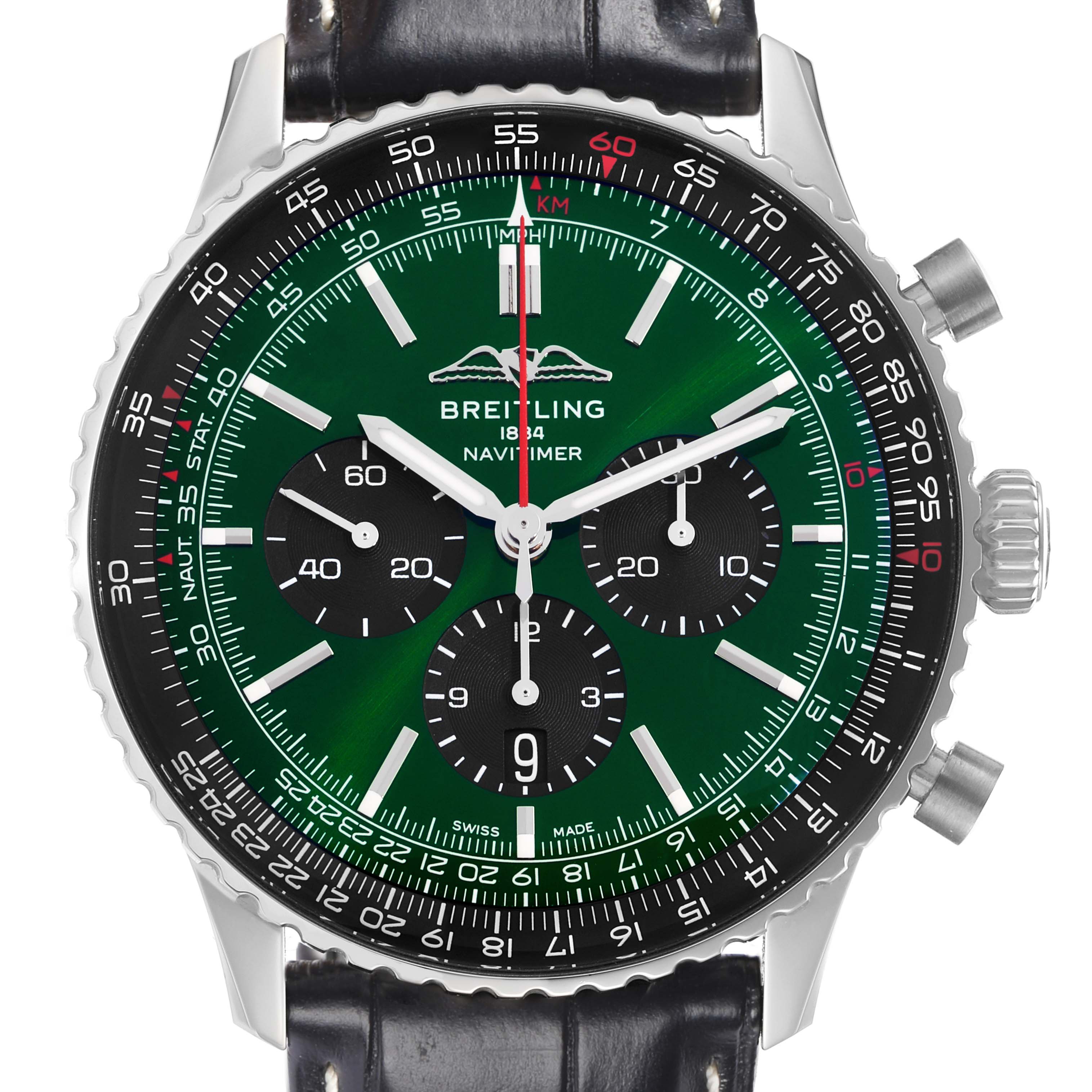 The Breitling Navitimer AB0137 Men
s Stainless Steel Green Dial watch is viewed from the top, showing the dial, bezel, chronograph subdials, and leather strap.
