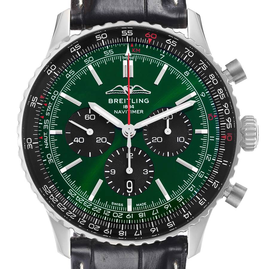 The Breitling Navitimer AB0137 Men's Stainless Steel Green Dial watch is viewed from the top, showing the dial, bezel, chronograph subdials, and leather strap.