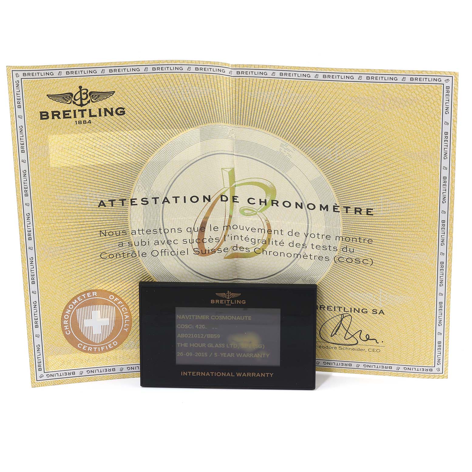 The image shows the Breitling Navitimer AB0210 Men's Stainless Steel Black Dial AB0210 Men's Stainless Steel Black Dial model's warranty card and chronometer certification at a straight-on angle.