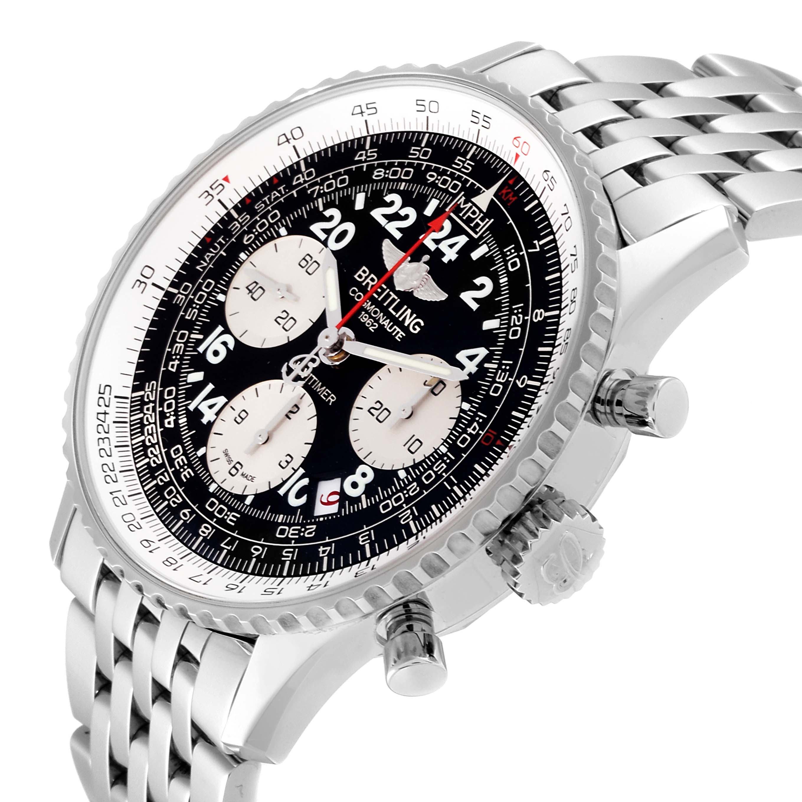 The Breitling Navitimer AB0210 Men's Stainless Steel Black Dial AB0210 Men's Stainless Steel Black Dial watch is shown from a slight angle, displaying its face, bezel, crown, pushers, and metal bracelet.