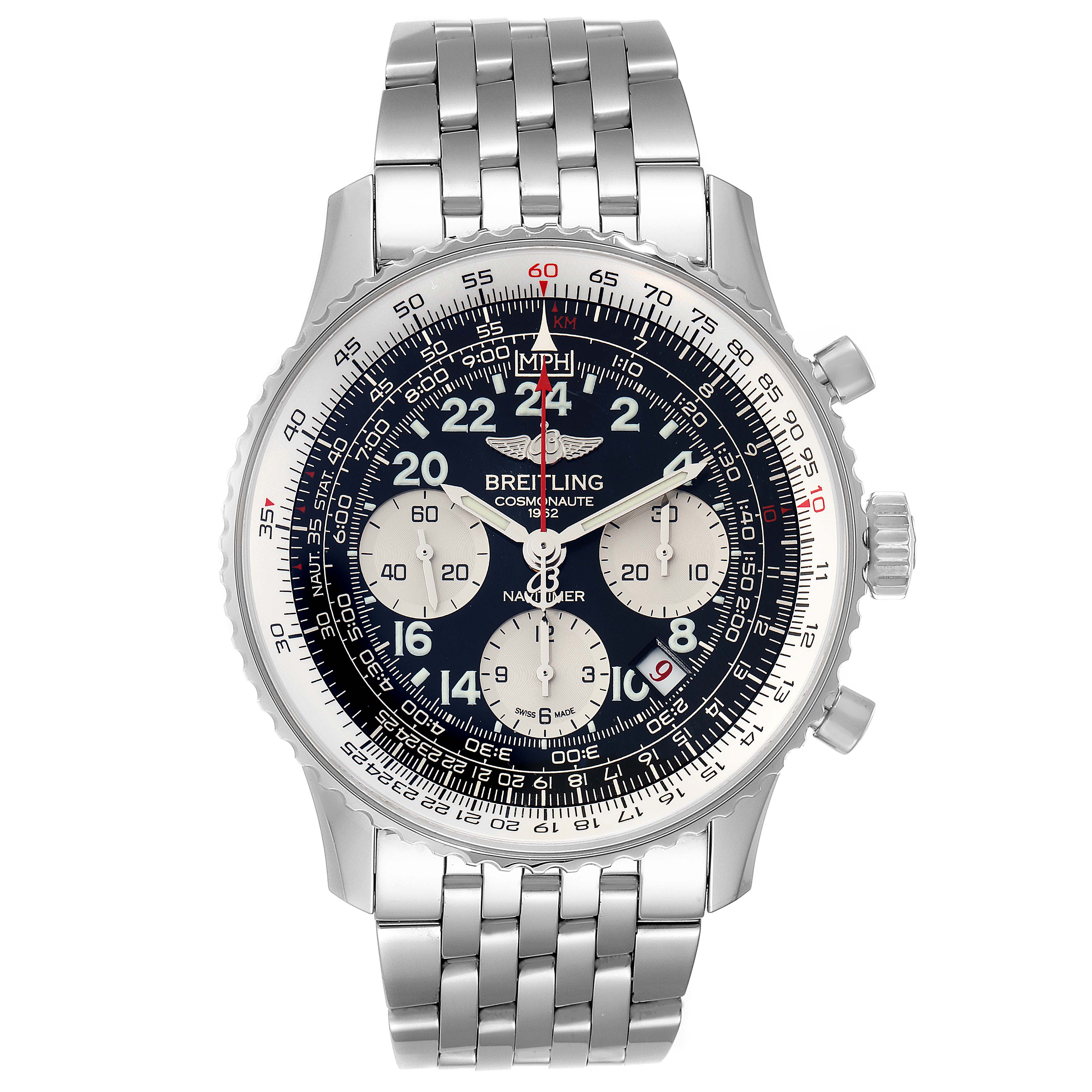 The image shows a Breitling Navitimer AB0210 Men's Stainless Steel Black Dial AB0210 Men's Stainless Steel Black Dial watch, front view, displaying its detailed dial, chronograph subdials, and metal bracelet.