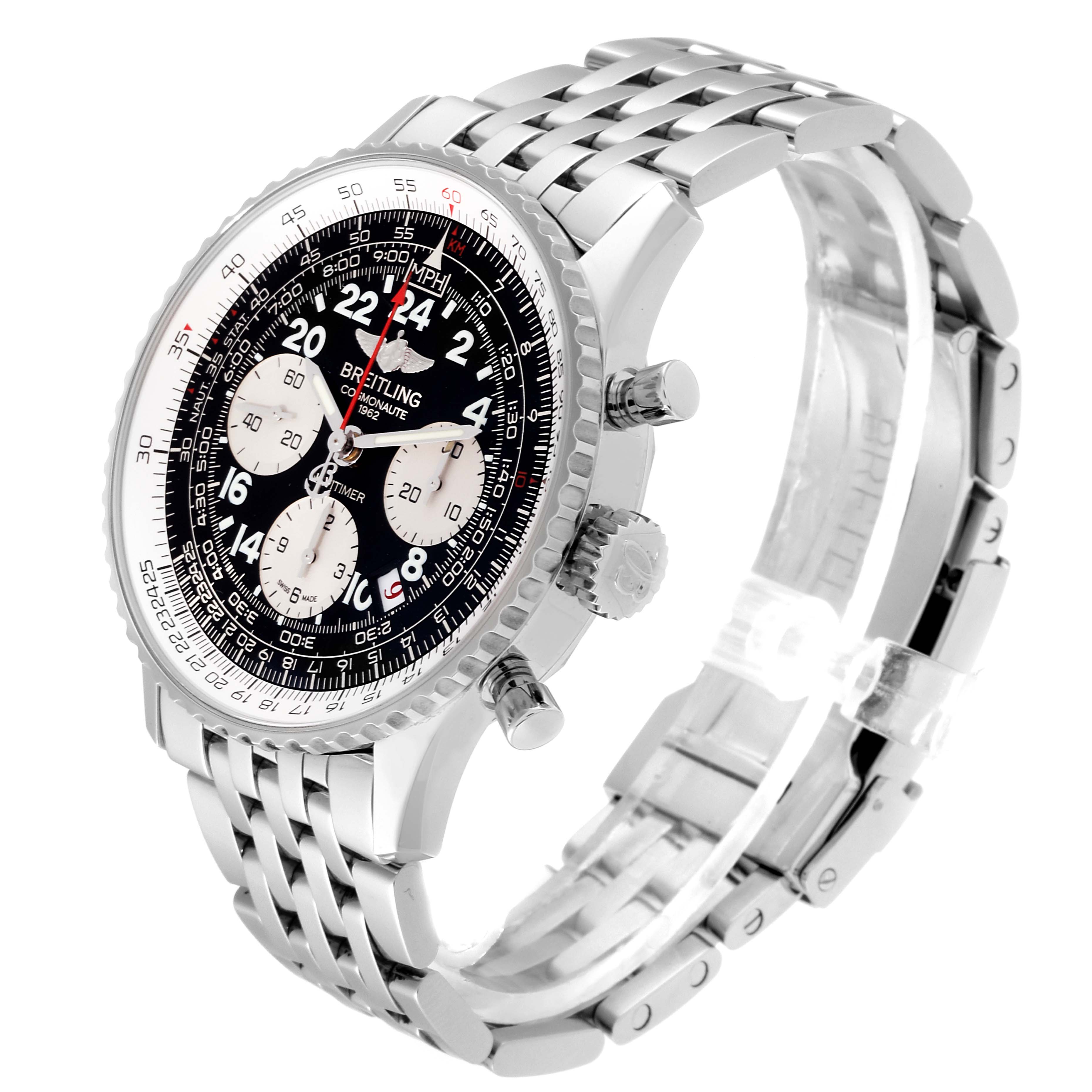 This image shows a Breitling Navitimer AB0210 Men's Stainless Steel Black Dial AB0210 Men's Stainless Steel Black Dial watch angled from the front-left, highlighting the dial, bezel, crown, and metal bracelet.