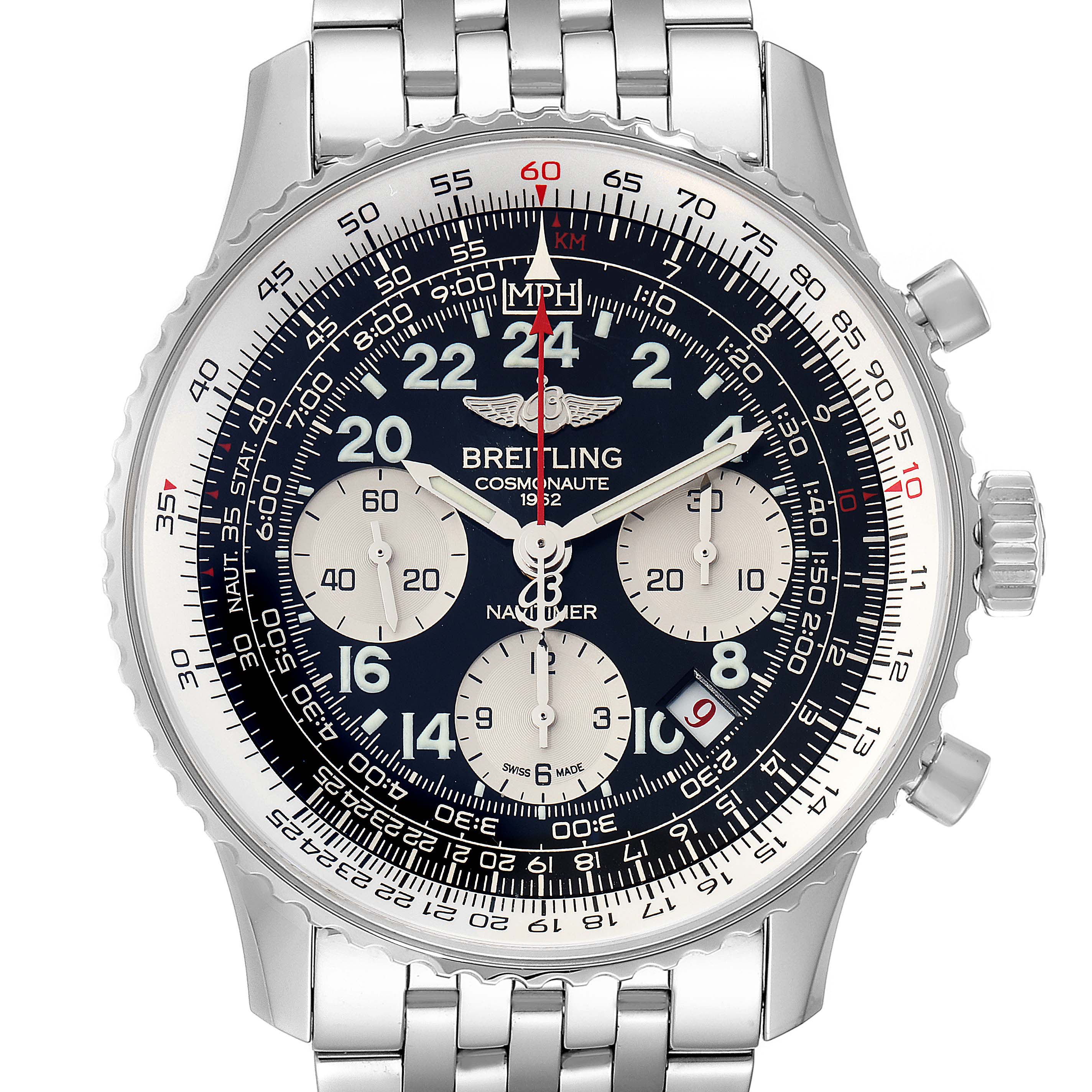 The image shows a front view of a Breitling Navitimer AB0210 Men's Stainless Steel Black Dial AB0210 Men's Stainless Steel Black Dial watch, highlighting its dial, bezel, and bracelet.