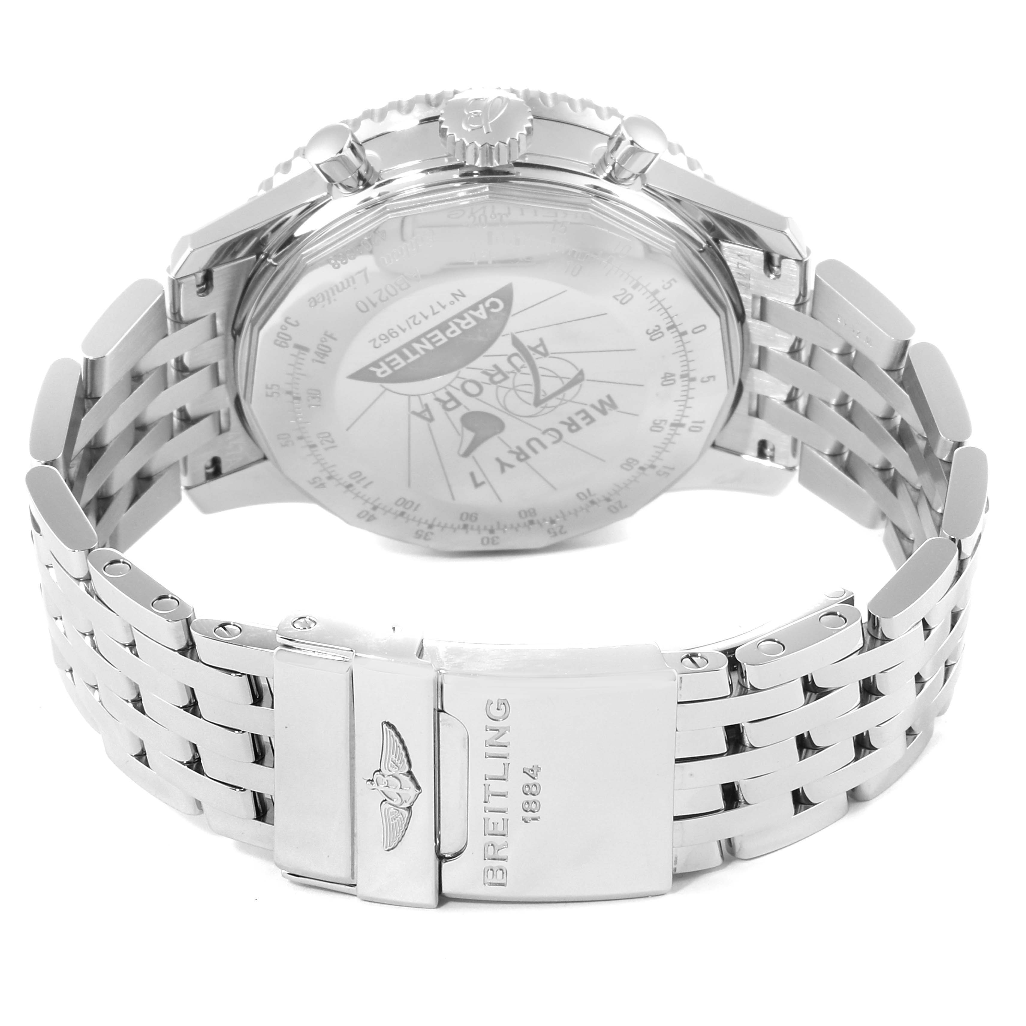 The image shows the back view of a Breitling Navitimer AB0210 Men's Stainless Steel Black Dial AB0210 Men's Stainless Steel Black Dial watch, highlighting its case back and metal bracelet with the clasp visible.