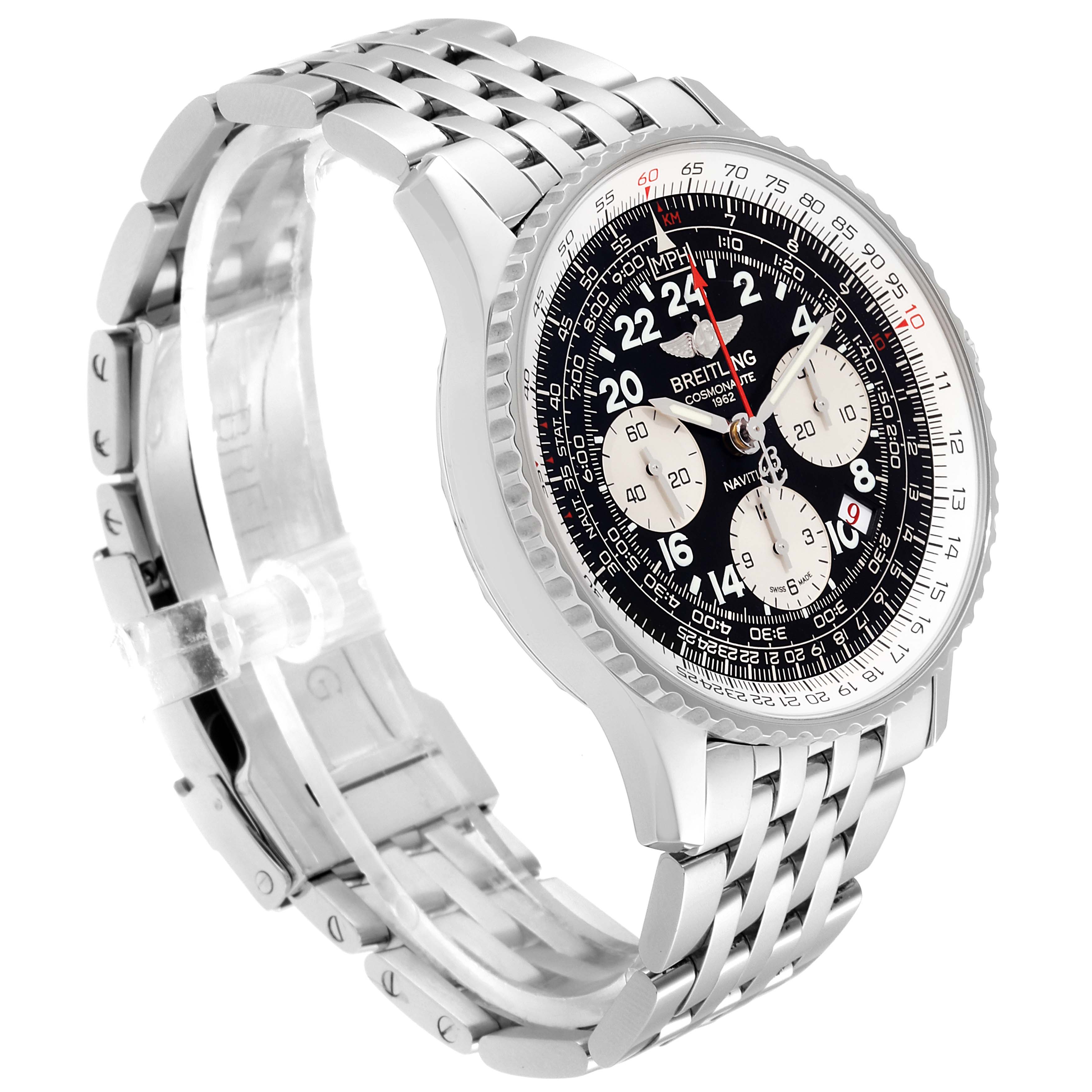 The image shows a Breitling Navitimer AB0210 Men's Stainless Steel Black Dial AB0210 Men's Stainless Steel Black Dial watch at a three-quarter angle, highlighting its face, bezel, and metal wristband.