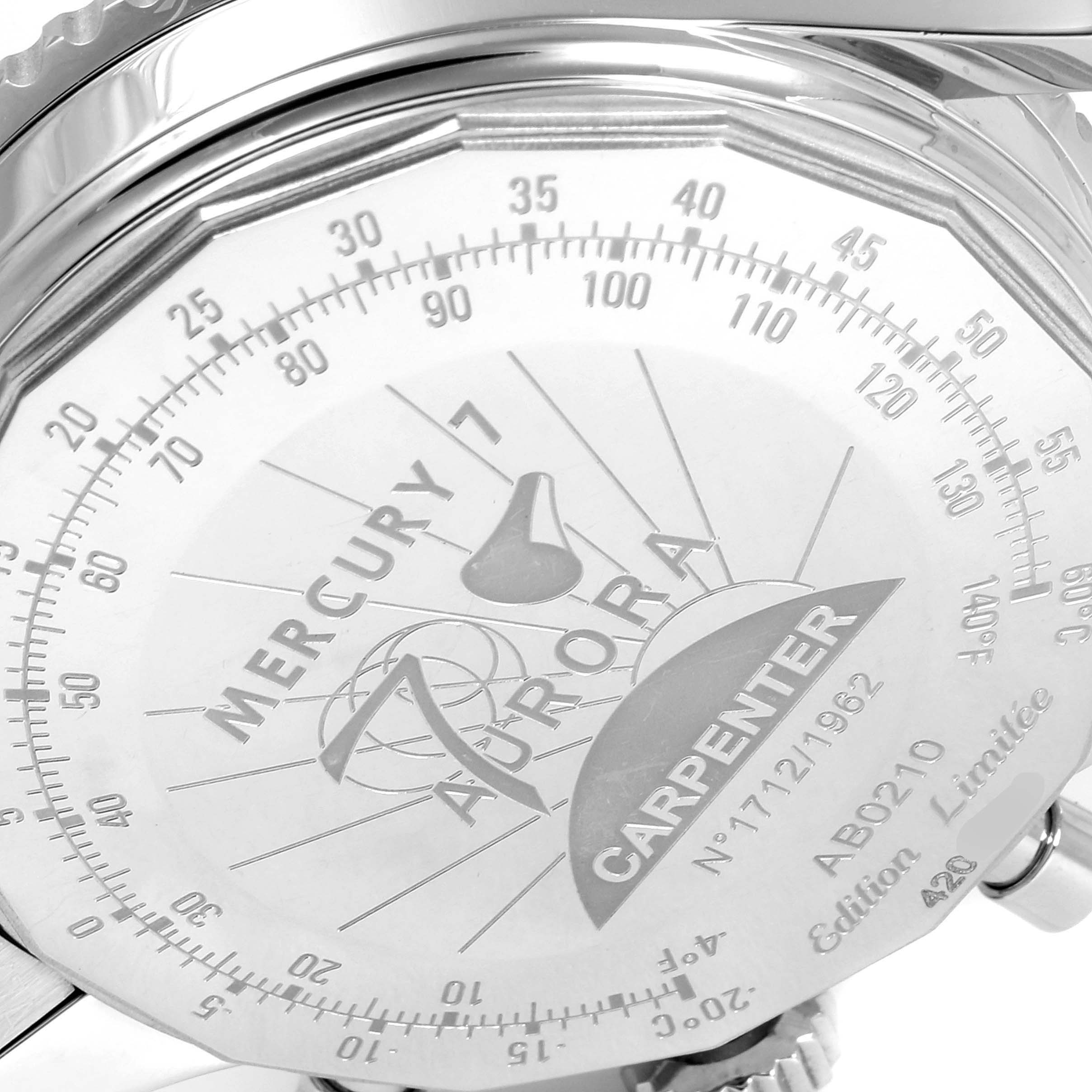 This close-up image shows the case back of a Breitling Navitimer AB0210 Men's Stainless Steel Black Dial AB0210 Men's Stainless Steel Black Dial watch, detailing the Mercury 7 Aurora Carpenter Edition.