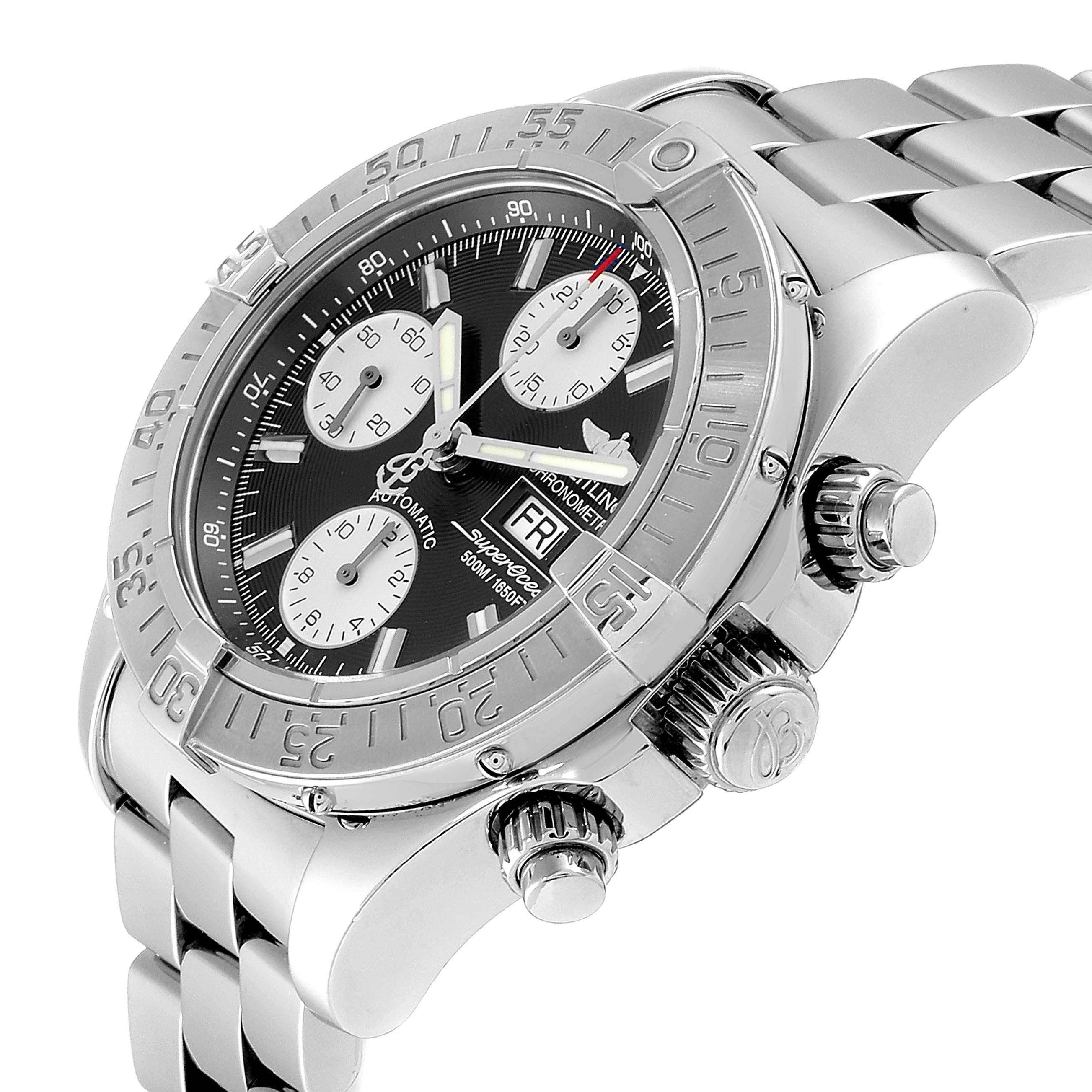 The Breitling Superocean A13340 Men's Stainless Steel Black Dial A13340 Men's Stainless Steel Black Dial watch is shown from a right-side angle, highlighting the crown, bezel, and chronograph subdials.
