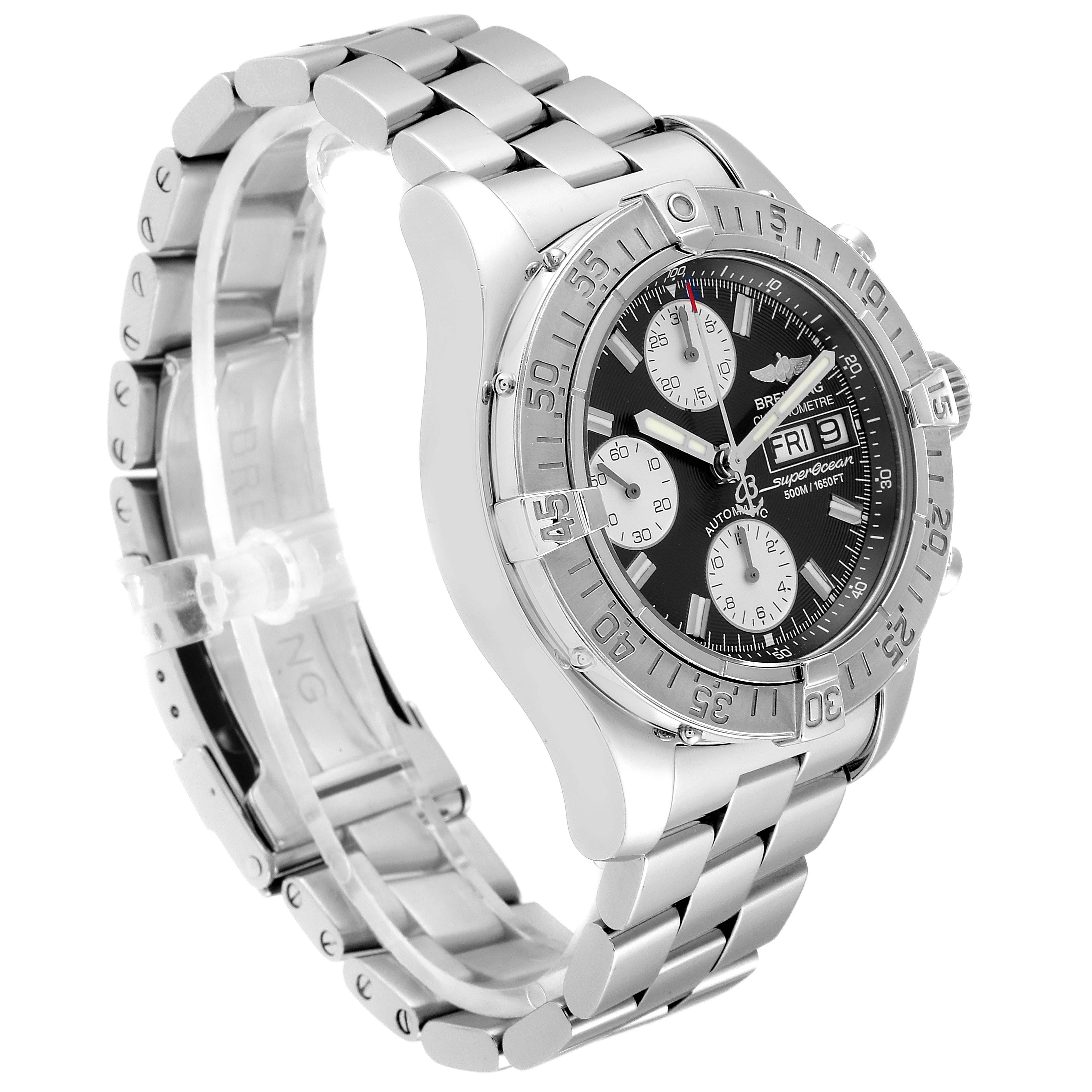 This image shows a Breitling Superocean A13340 Men's Stainless Steel Black Dial A13340 Men's Stainless Steel Black Dial watch at a three-quarter angle, highlighting its metal bracelet, bezel, and dial.