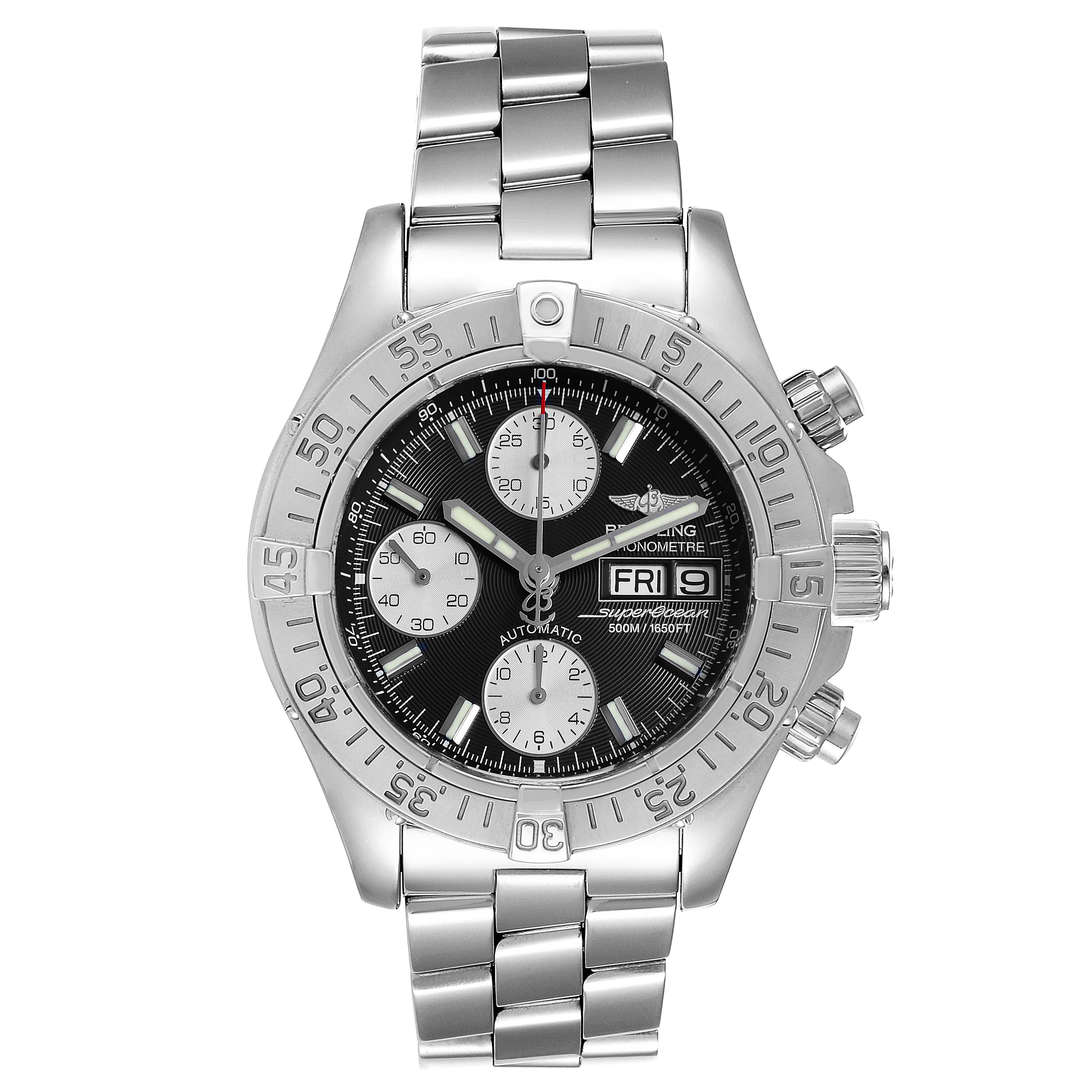 The Breitling Superocean A13340 Men's Stainless Steel Black Dial A13340 Men's Stainless Steel Black Dial watch is shown from a top-down angle, highlighting the face, bezel, bracelet, and subdials.
