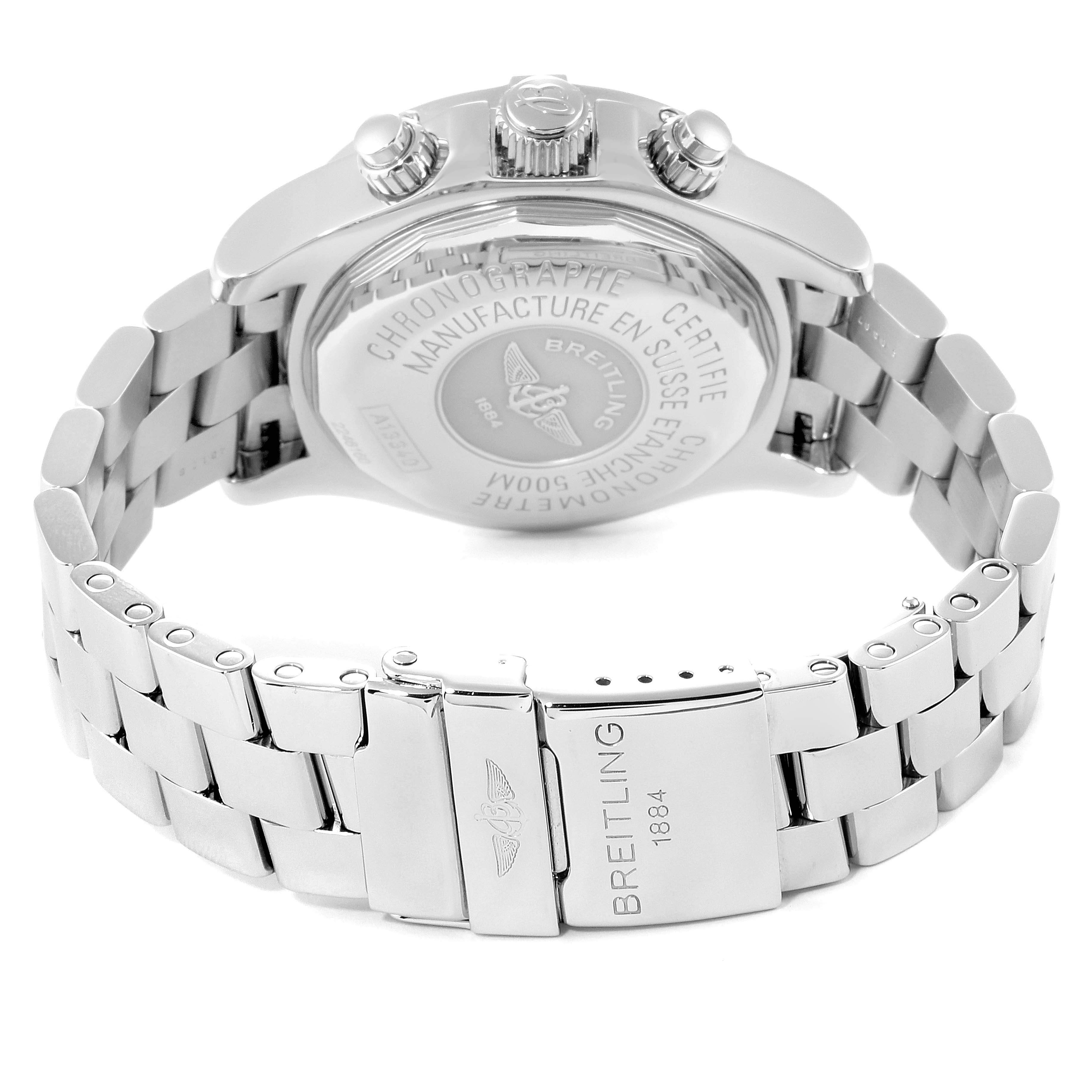 The image shows the back and metal bracelet of a Breitling Superocean A13340 Men's Stainless Steel Black Dial A13340 Men's Stainless Steel Black Dial watch, focusing on the clasp and back case details.