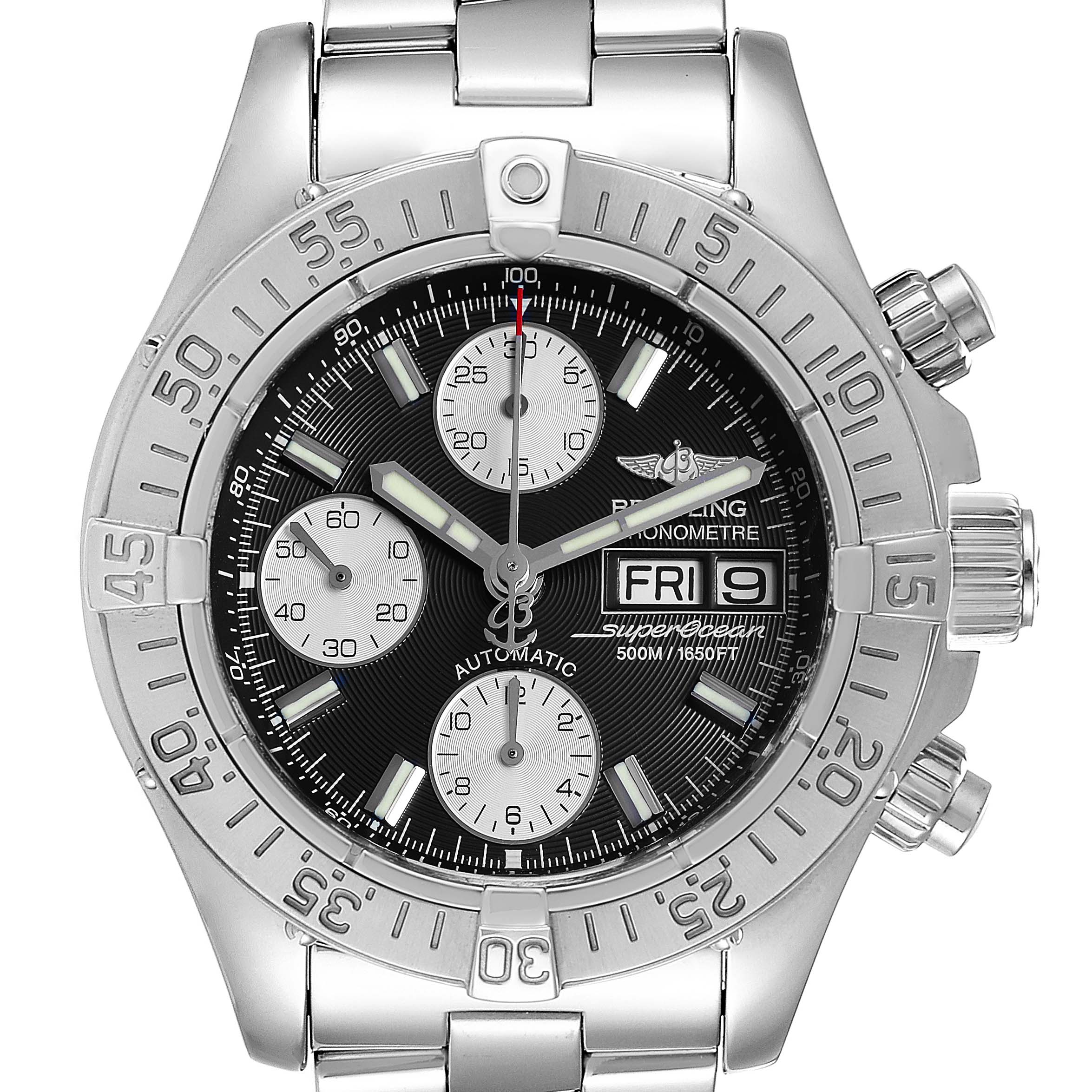 The image shows a front view of the Breitling Superocean A13340 Men's Stainless Steel Black Dial A13340 Men's Stainless Steel Black Dial model watch, featuring its dial, bezel, and part of the bracelet.