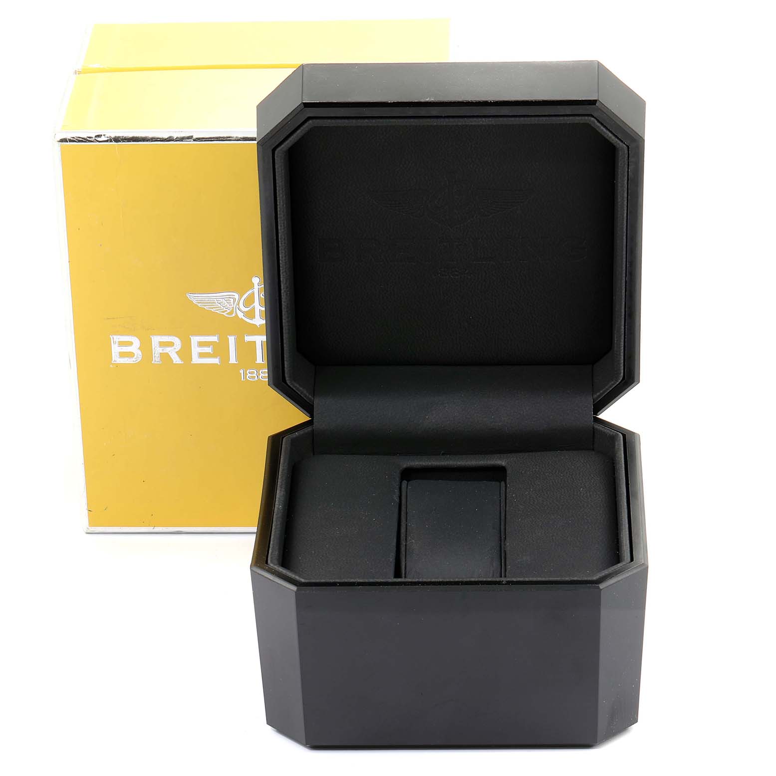 The image shows an open black watch box and a yellow outer box for a Breitling Superocean A13340 Men's Stainless Steel Black Dial A13340 Men's Stainless Steel Black Dial model.