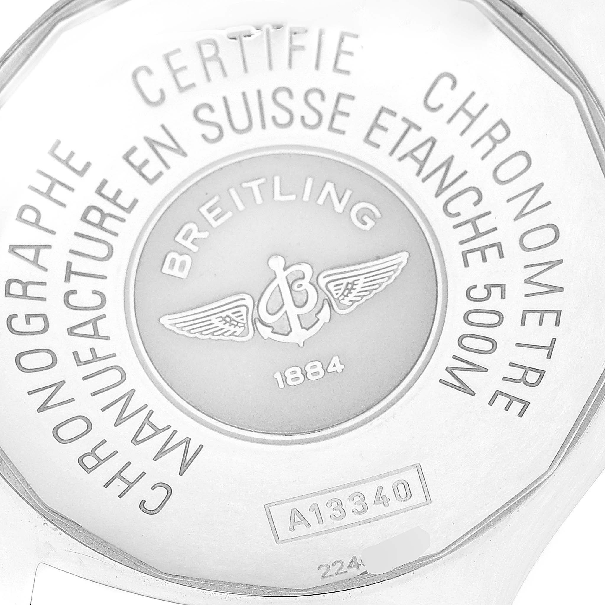 The image shows the back case of the Breitling Superocean A13340 Men's Stainless Steel Black Dial A13340 Men's Stainless Steel Black Dial watch, displaying its branding and model information.