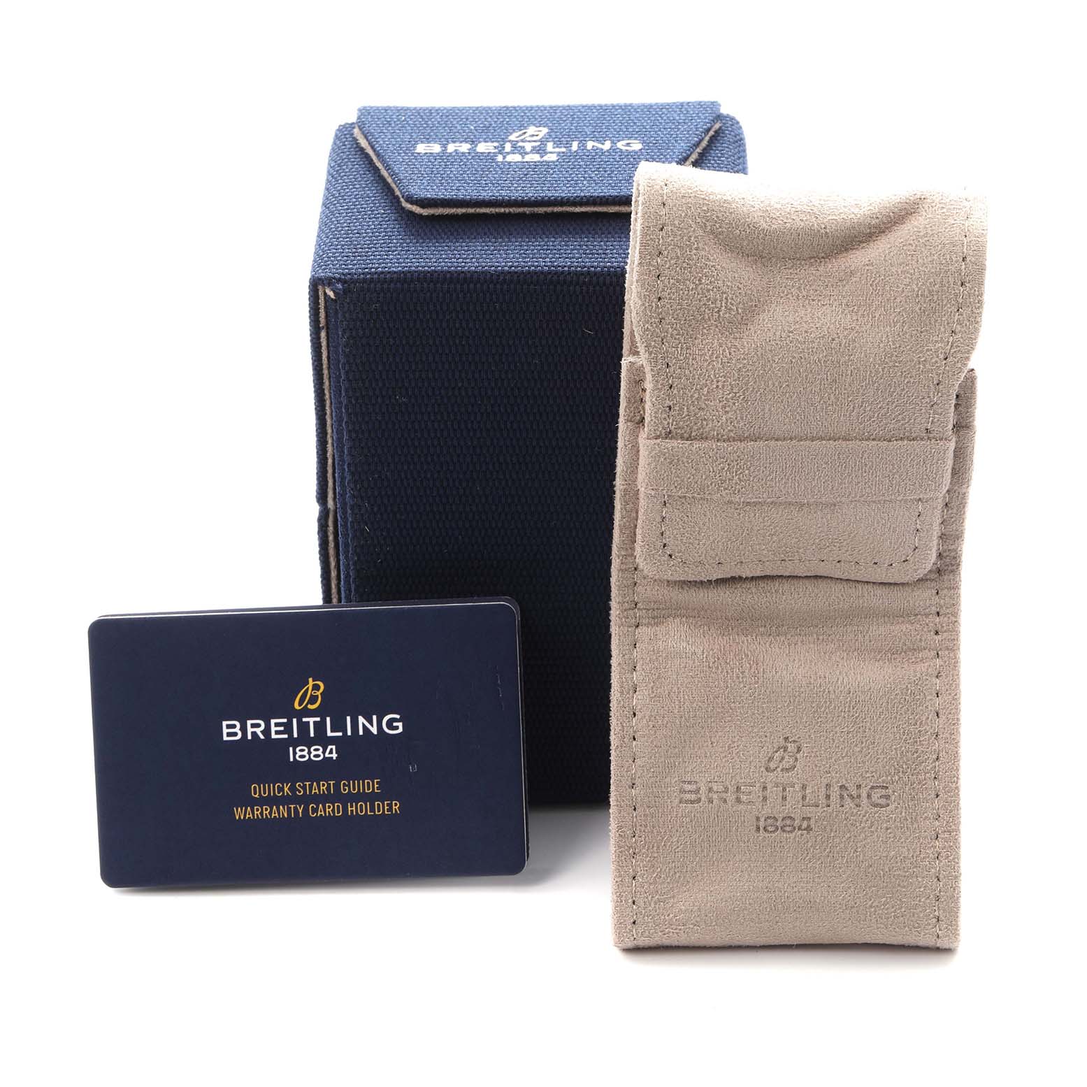 The image shows accessories for the Breitling Superocean N17375 Men
s Bronze Green Dial watch, including a box, warranty card holder, and a pouch.