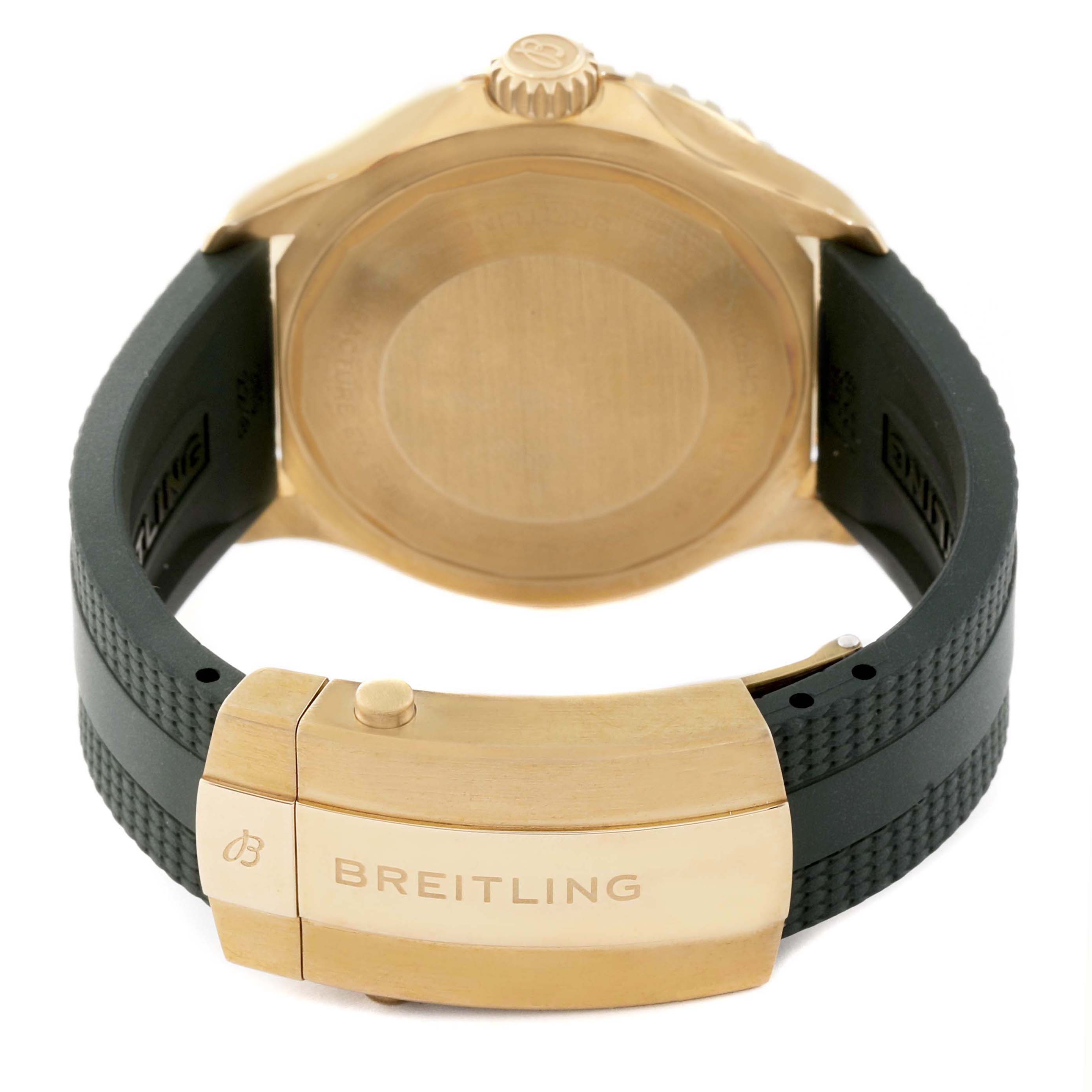 The image shows the back of the Breitling Superocean N17375 Men
s Bronze Green Dial watch, highlighting its case back, crown, and clasp.