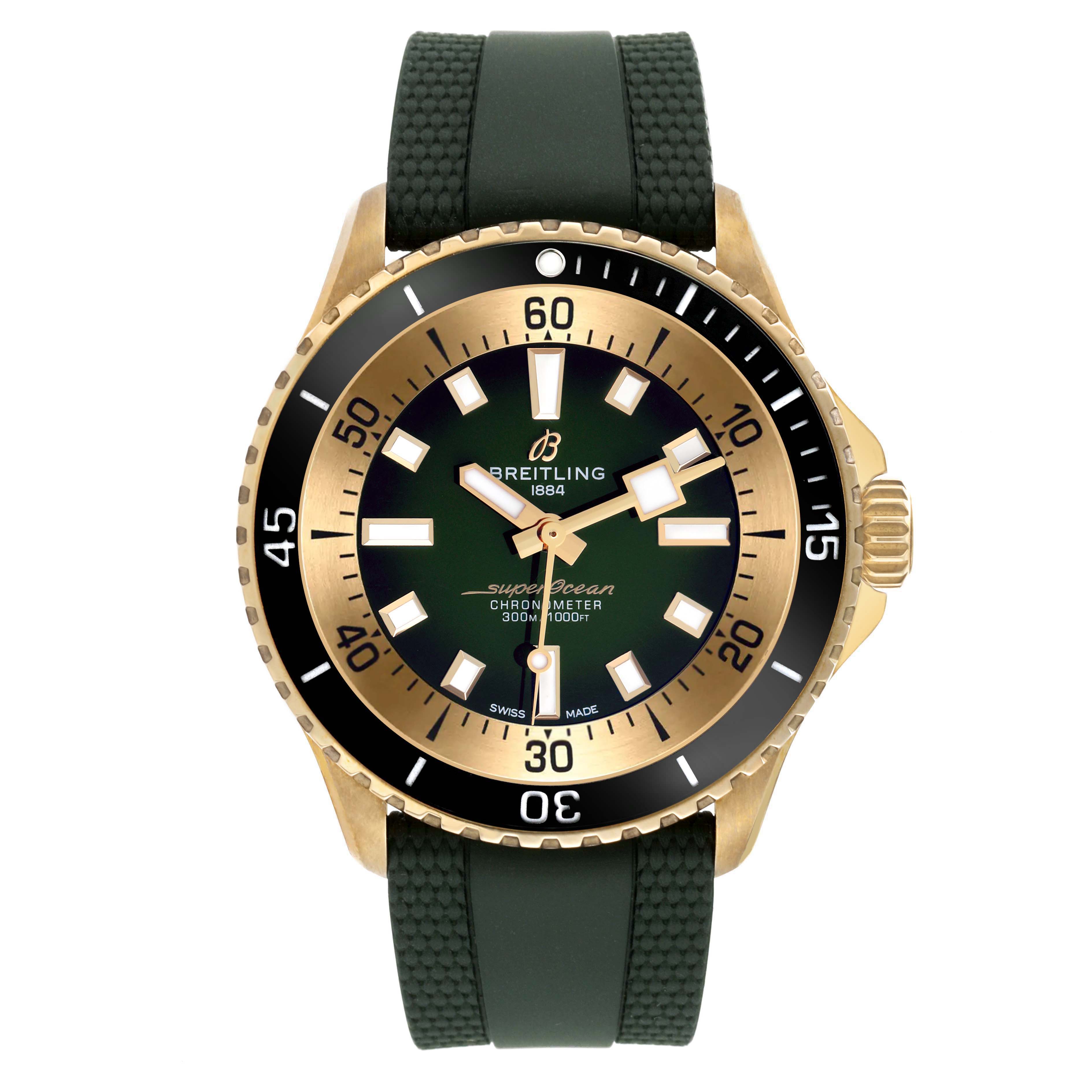 The Breitling Superocean N17375 Men
s Bronze Green Dial watch is shown from a front angle, highlighting the bezel, dial, and strap.