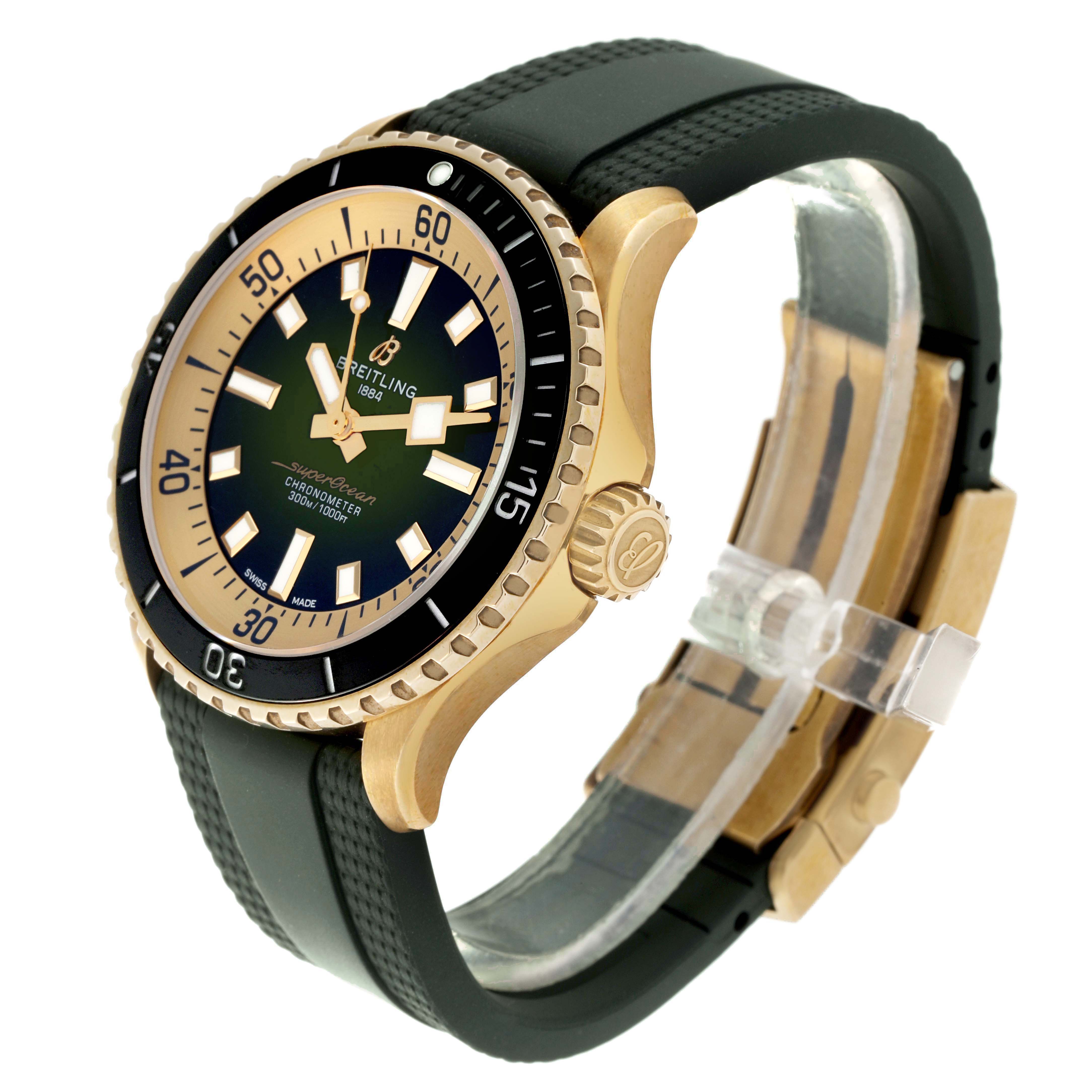 The Breitling Superocean N17375 Men
s Bronze Green Dial watch is shown at a three-quarter angle, highlighting the bezel, crown, dial, and rubber strap.